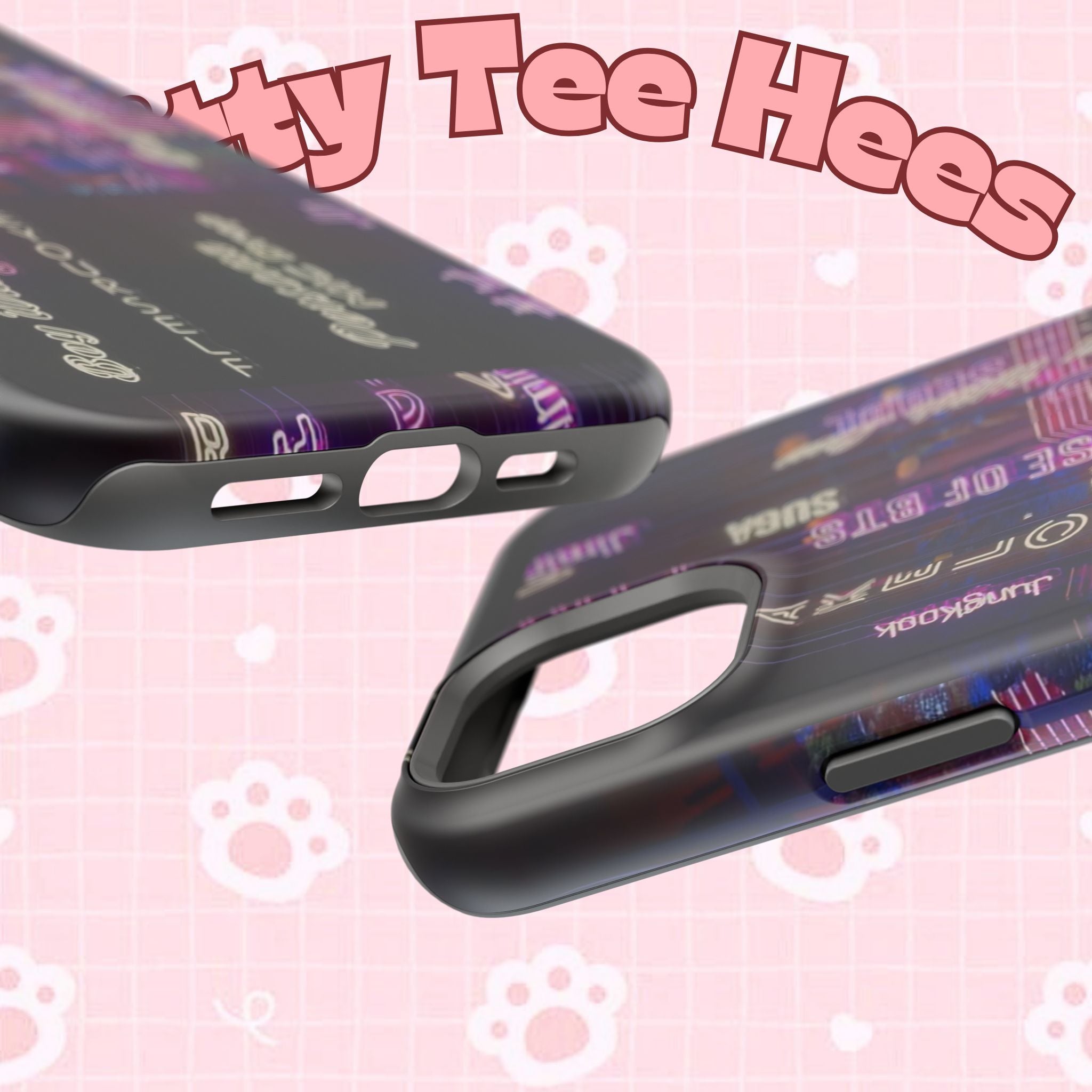Neon Korean script print on impact-resistant BTS phone case for iPhone and Samsung, featuring Bangtan Sonyeondan branding.