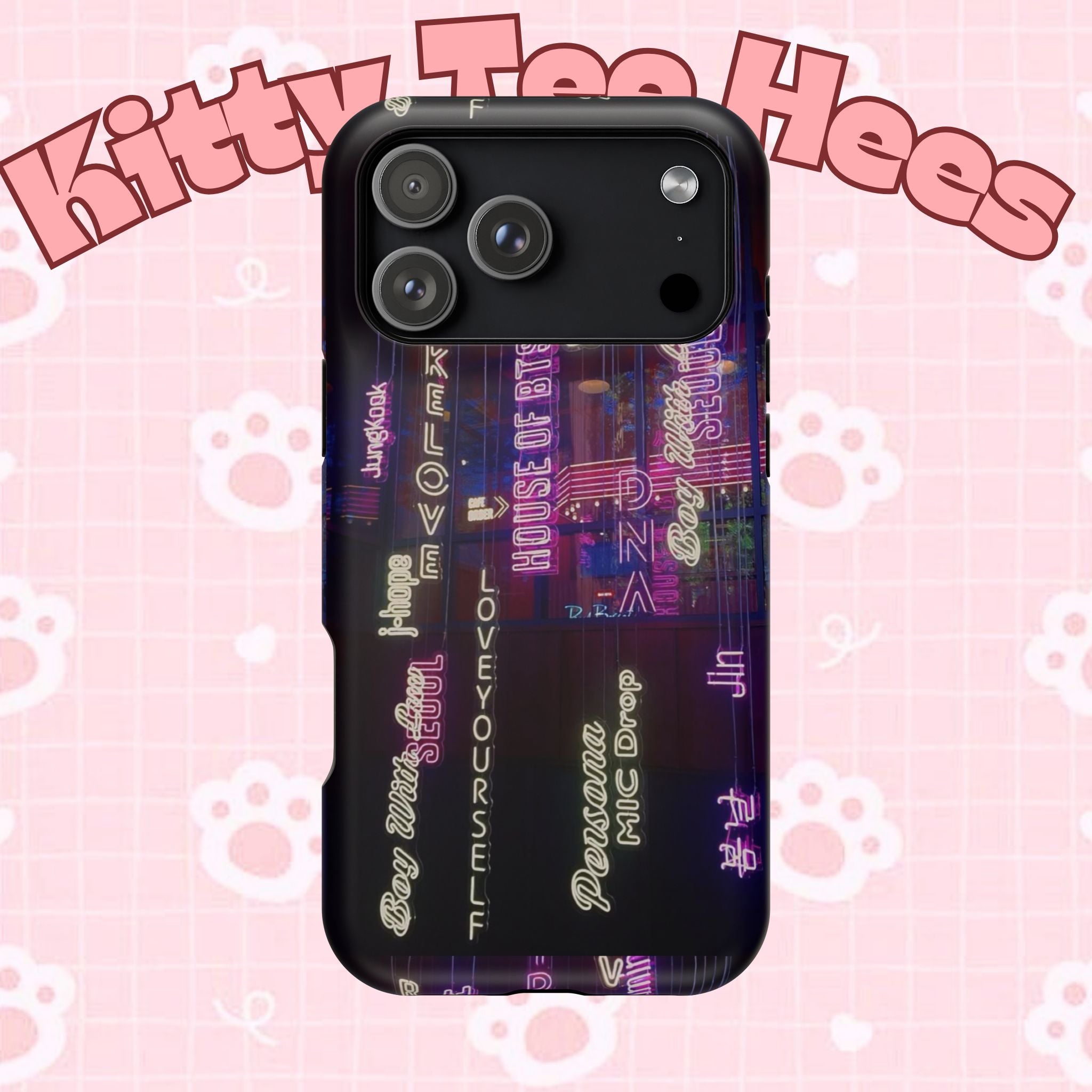 Neon Korean script BTS phone case for iPhone and Samsung, impact-resistant design featuring Bangtan Sonyeondan branding.