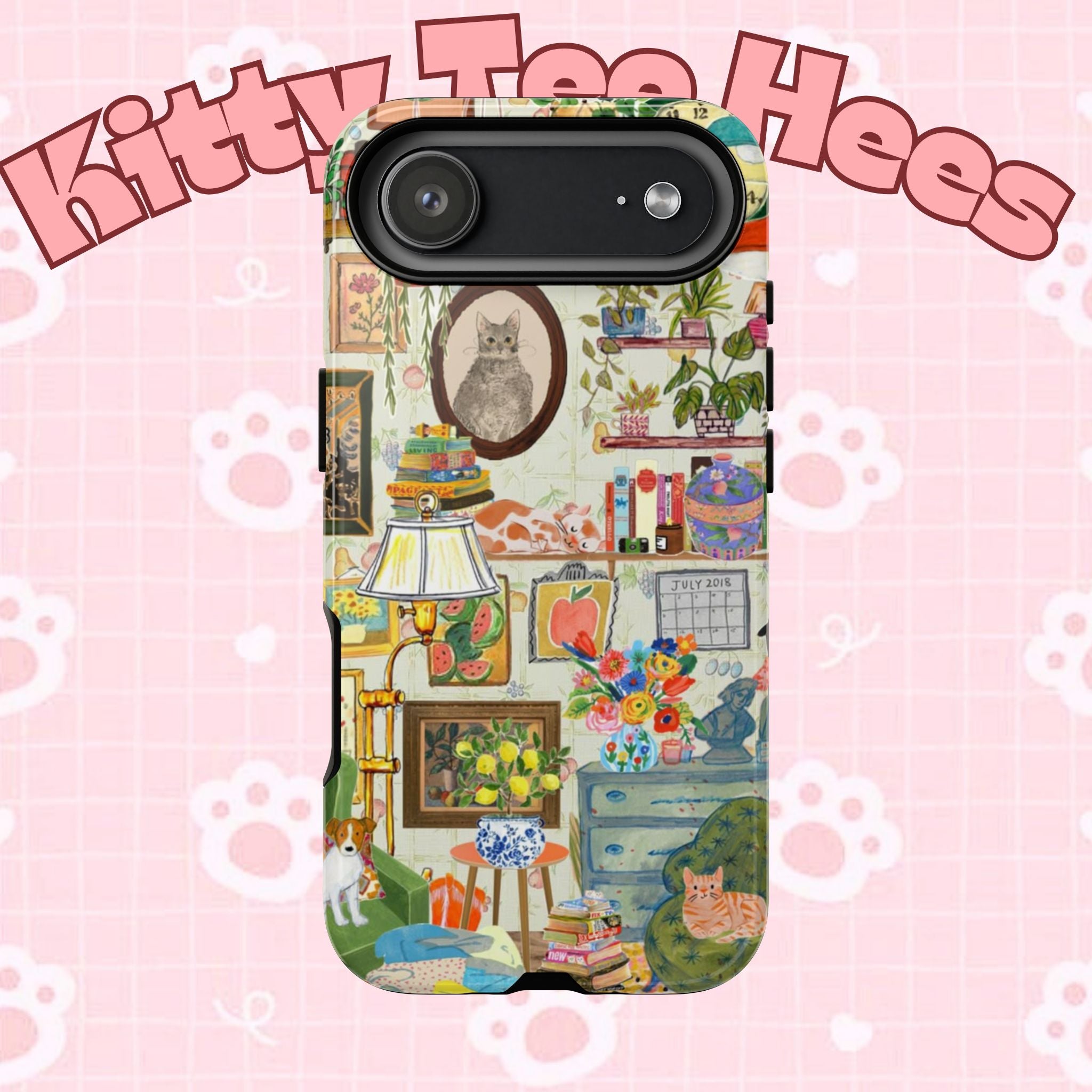 Printify cute cat framed iPhone 17 case with cozy living room pet portrait design, stylish and protective phone cover.