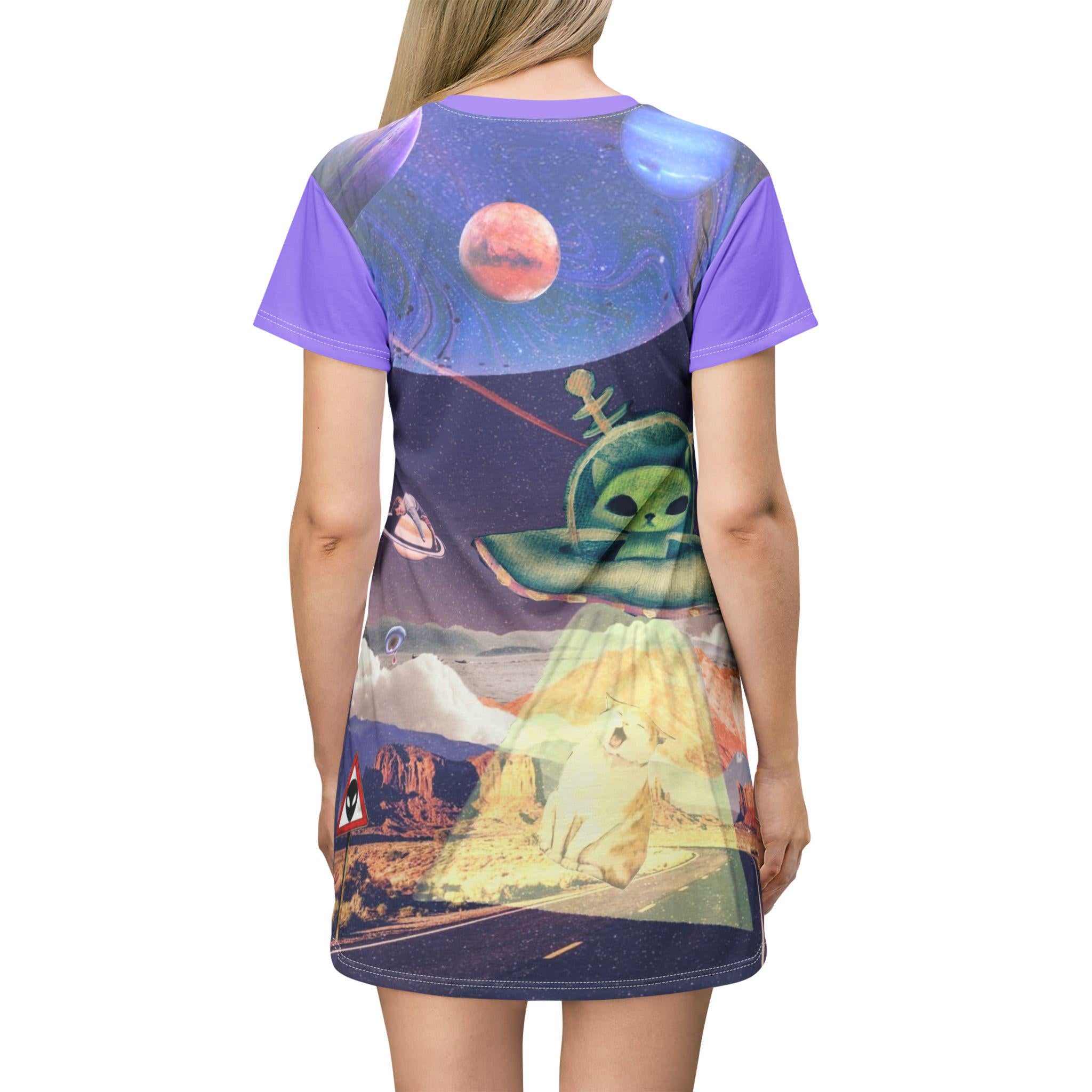 Alien Cat Graphic T-Shirt Dress, Funny Space Kitten Costume - Kitty TeeHees