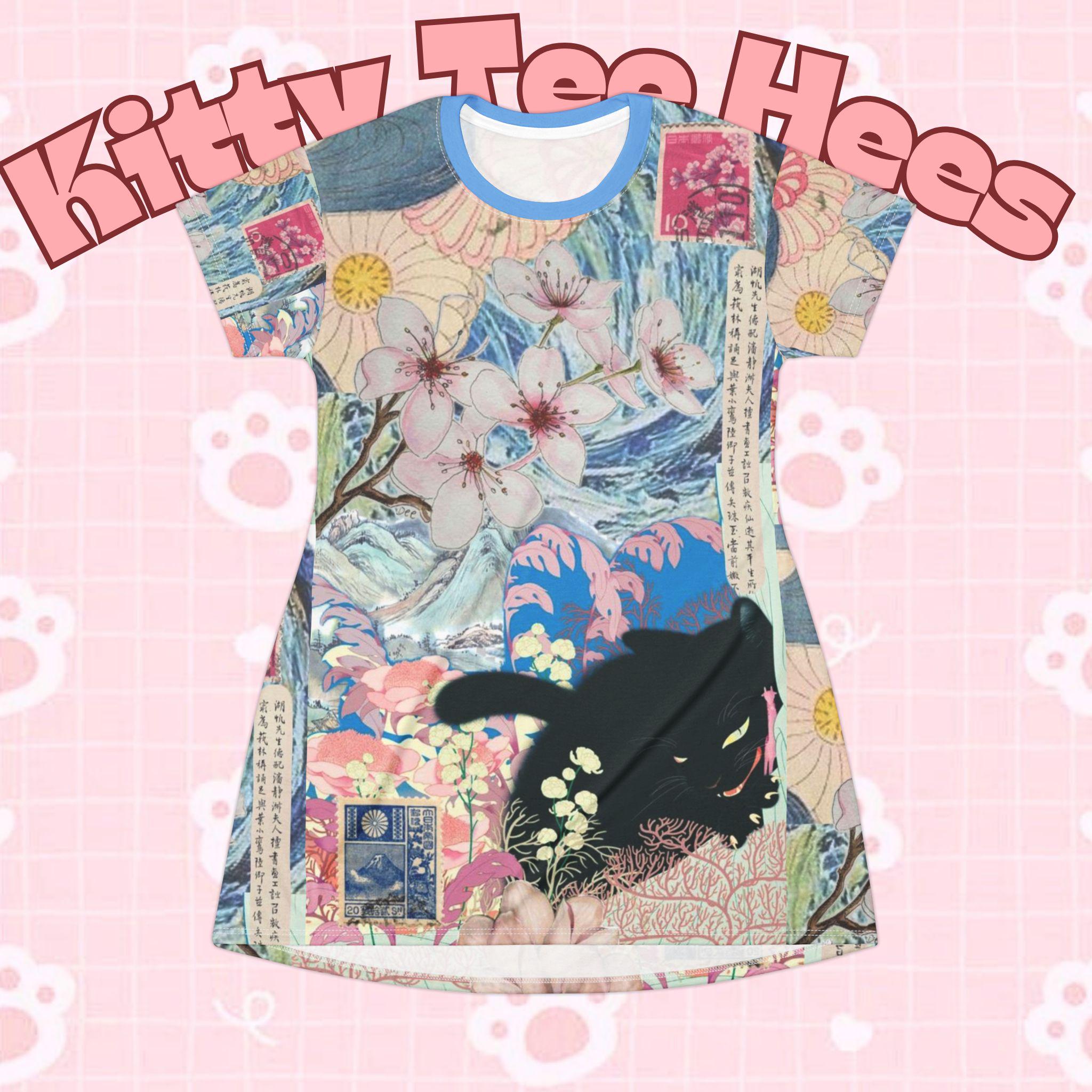 Whimsical Floral T-Shirt Dress | Black Cat Art, Bohemian Style - Kitty TeeHees
