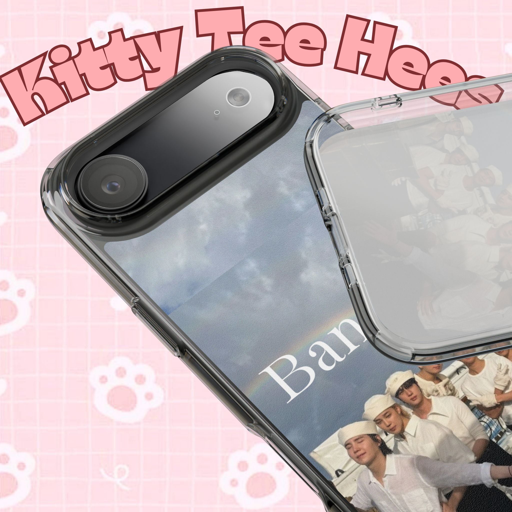 Clear impact-resistant phone case featuring cute Bangtan Boys K-pop design for smartphones.