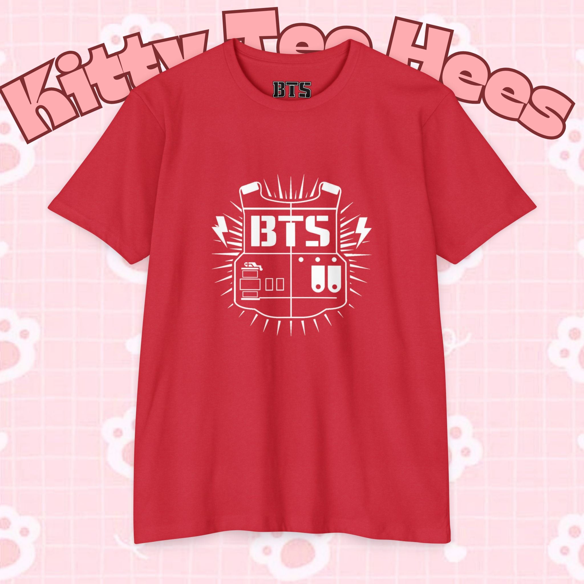 Custom BTS T-shirt featuring Jungkook, Jimin, V, J-Hope, RM, Suga, Jin, with concert-themed design, made by Printify.