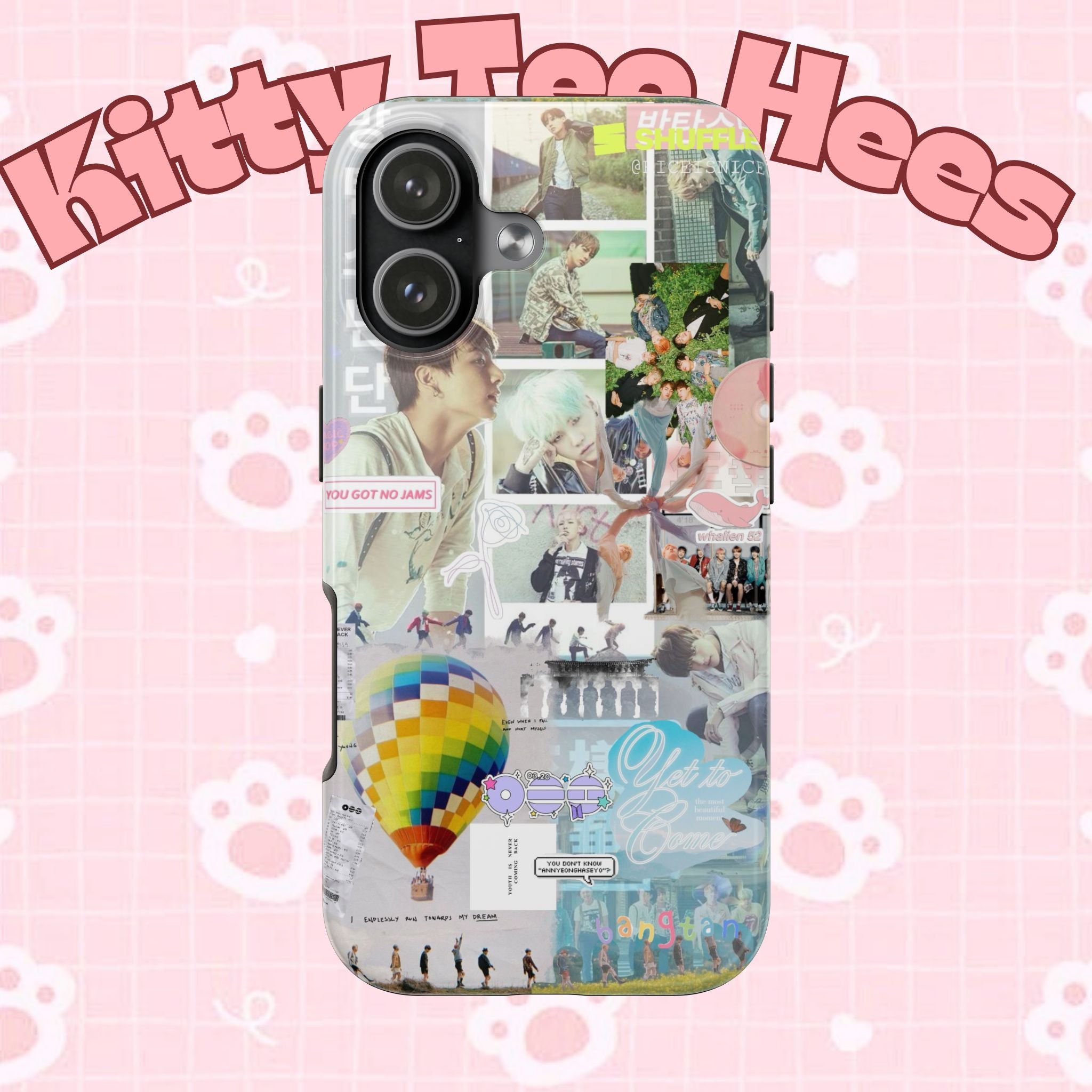 Pastel BTS collage phone case for iPhone and Samsung featuring hot air balloon and K-Pop photo collage design.