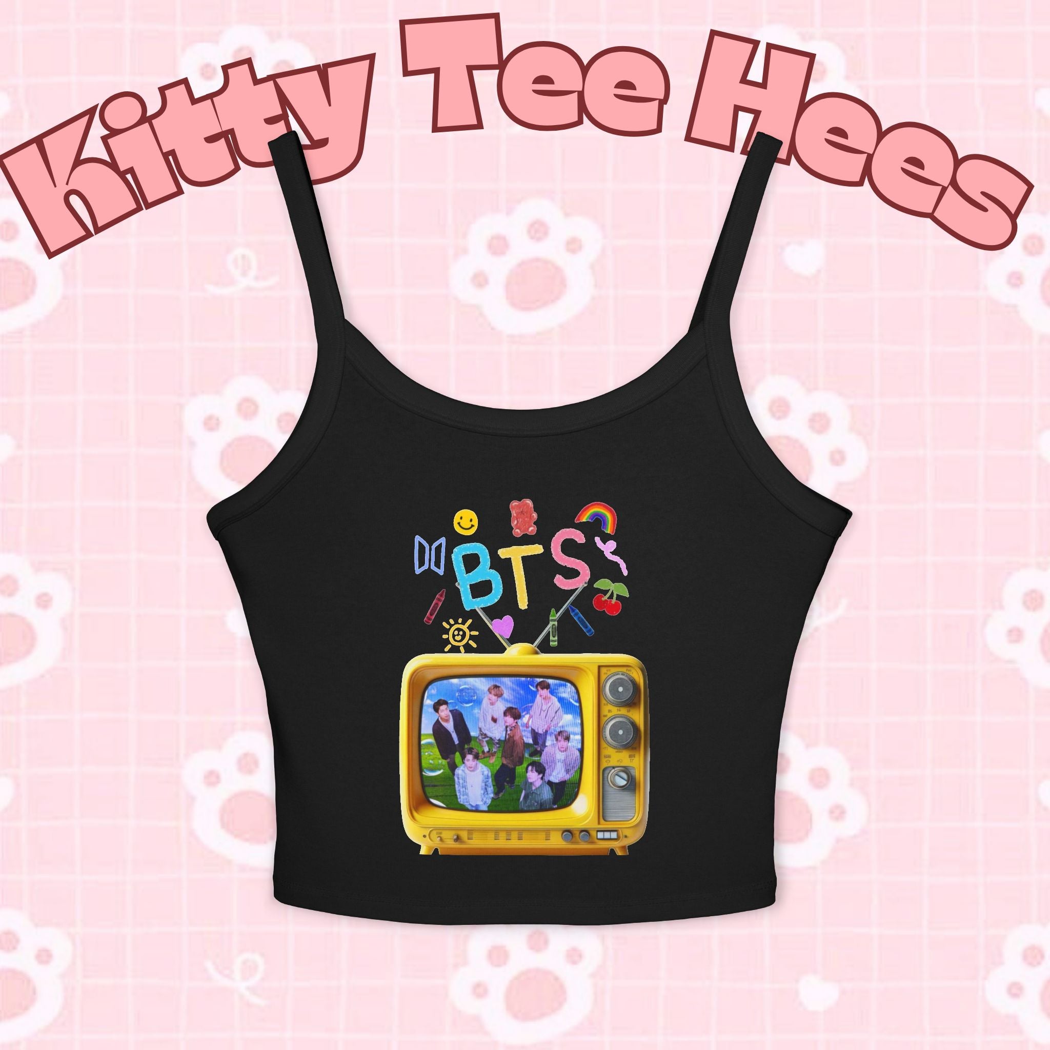 Kids' BTS tank top featuring Bangtan Boys K-pop graphic design with retro television print, made by Printify.