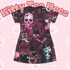Pink Monster High Draculaura bat T-shirt dress featuring black cat and bat all-over print, gothic cartoon character Halloween costume for teen girls