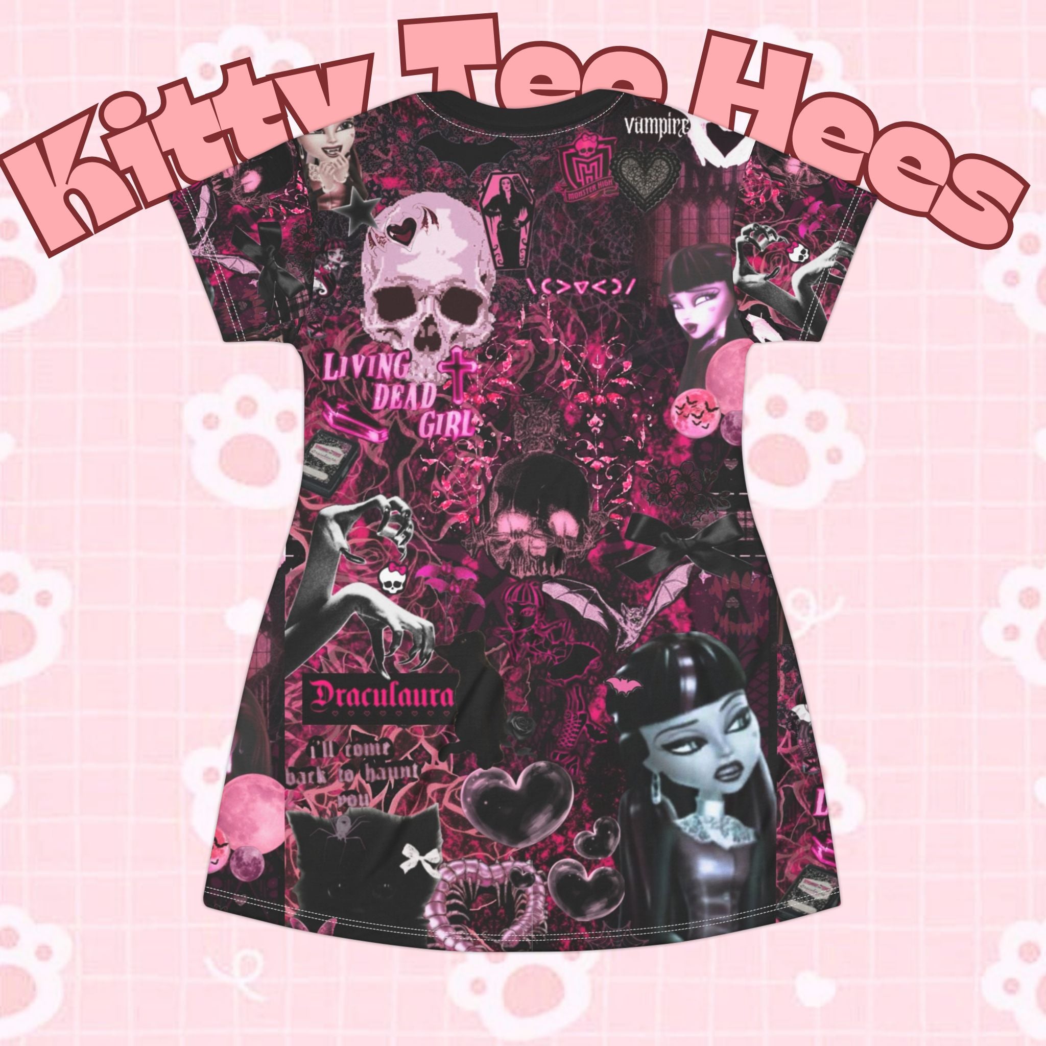 Pink Monster High Draculaura bat T-shirt dress featuring black cat and bat all-over print, gothic cartoon character Halloween costume for teen girls