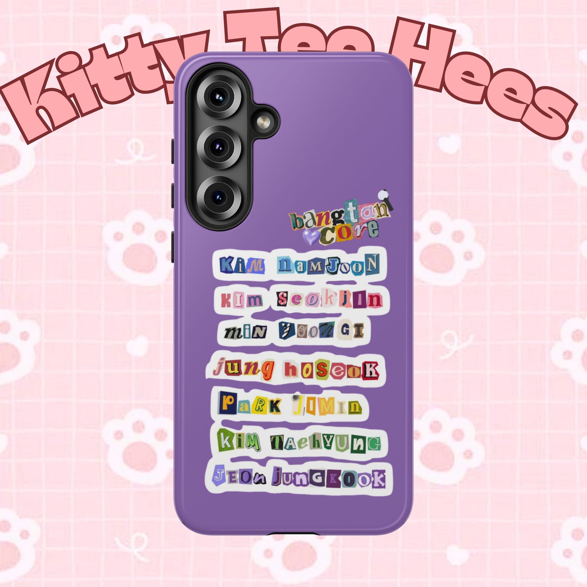 Printify BTS member names phone case featuring Jungkook, Jimin, and Rap Monster design for iPhone 17 with tough protection.