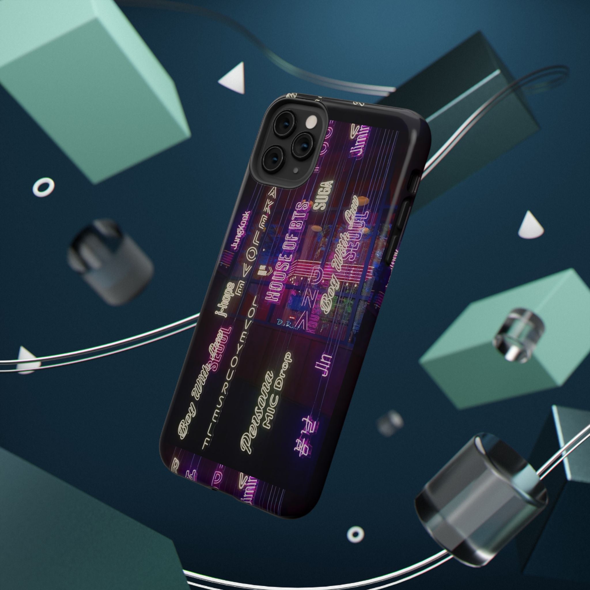 Neon Korean script BTS phone case for iPhone and Samsung, impact-resistant design with Bangtan Sonyeondan branding.
