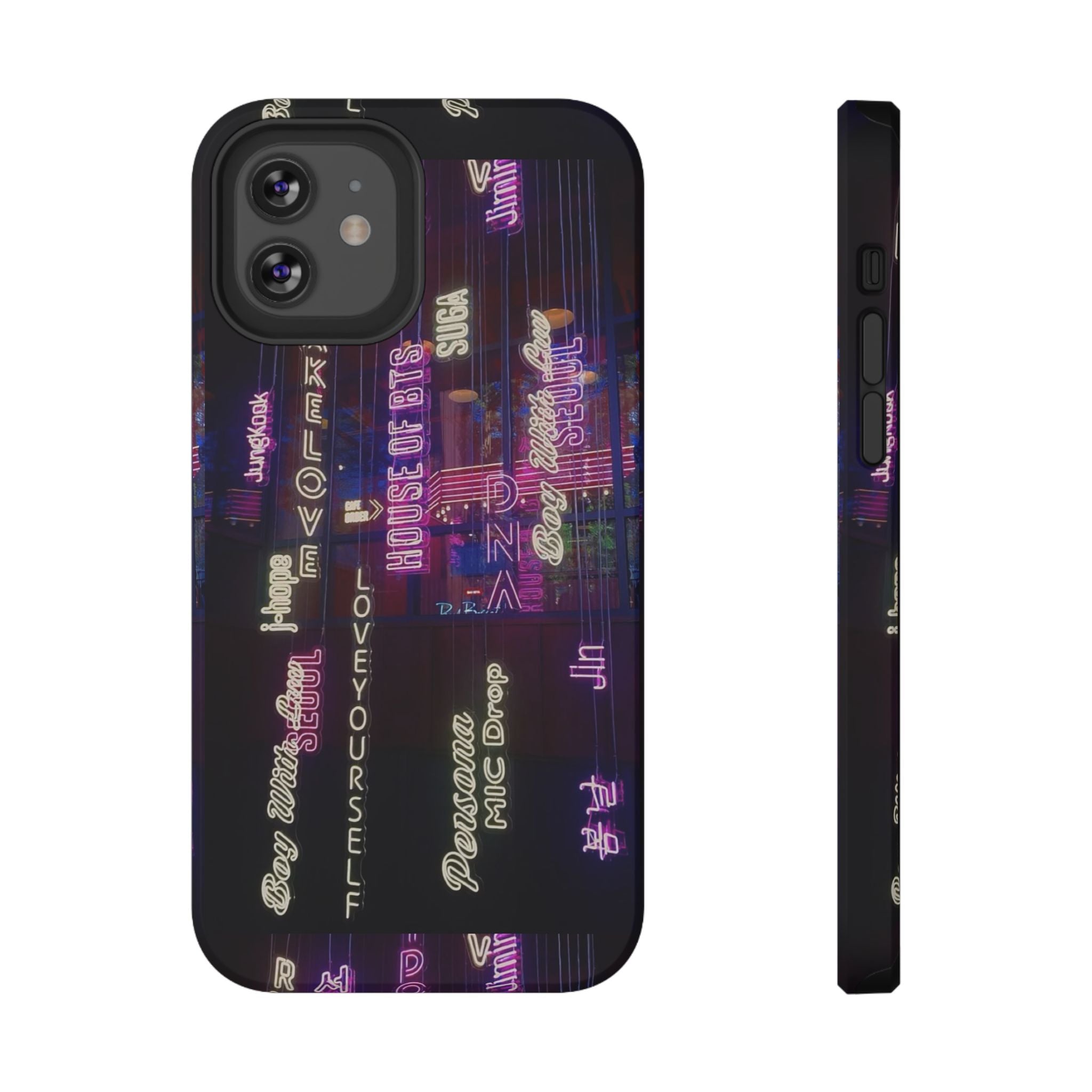Neon Korean Script BTS phone case for iPhone and Samsung, impact-resistant design with Bangtan Sonyeondan theme.