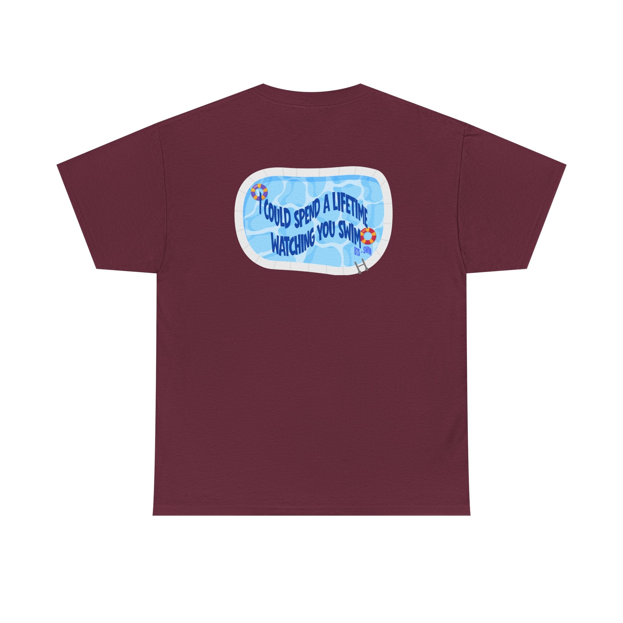Arirang BTS pool graphic back T-shirt featuring Bangtan logo and swim motif, casual BTS concert tee by Printify.
