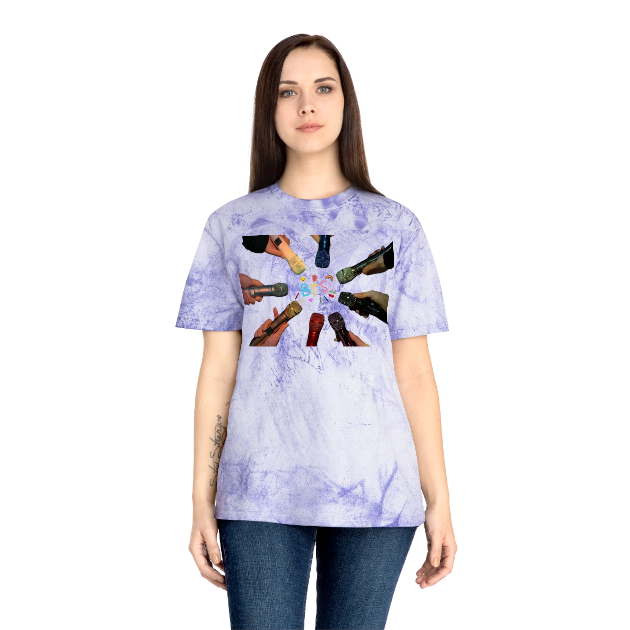Colorful BTS concert T-shirt featuring rainbow mic graphic, K-Pop inspired logo, and vibrant design by Printify for fans.