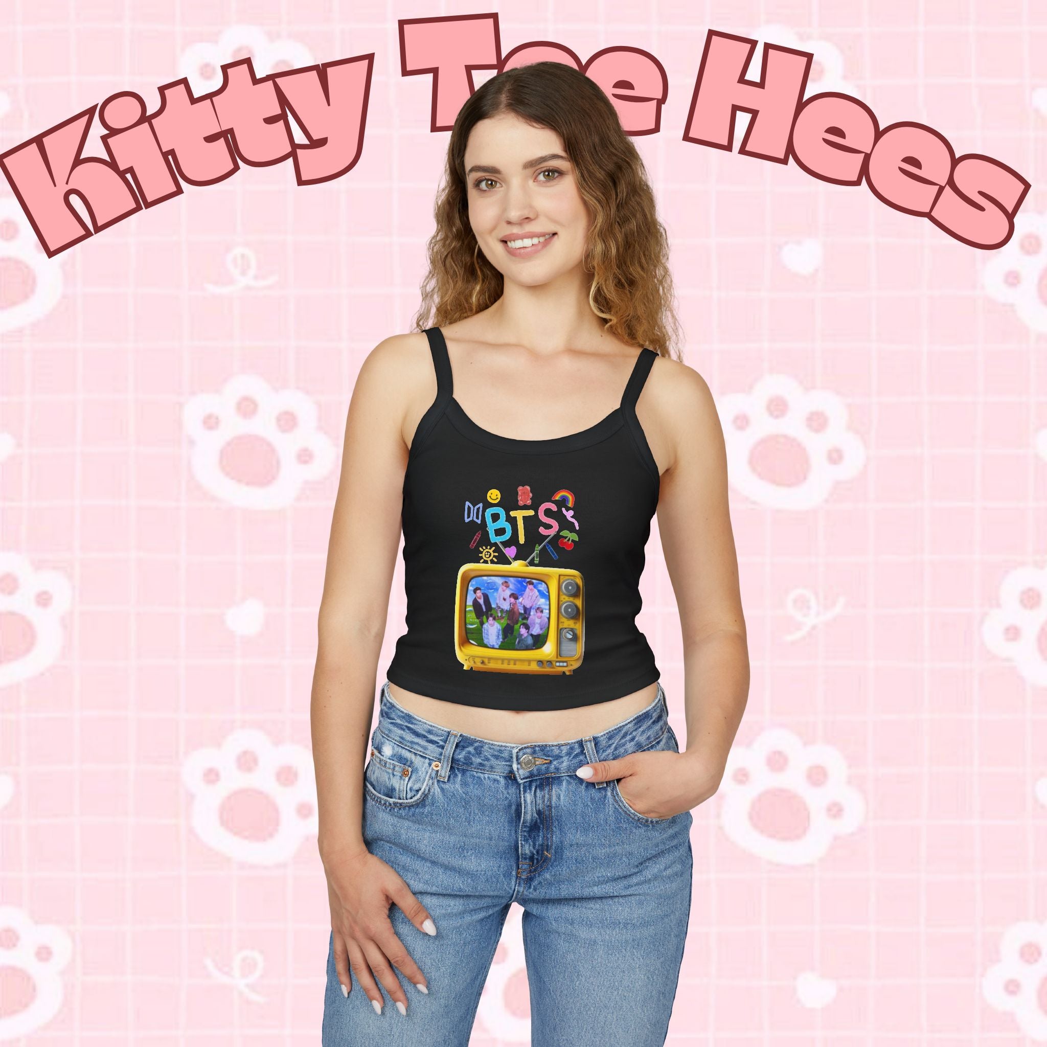 Kids' BTS tank top featuring a retro television graphic, vibrant K-pop style, from Printify's Bangtan Boys collection.