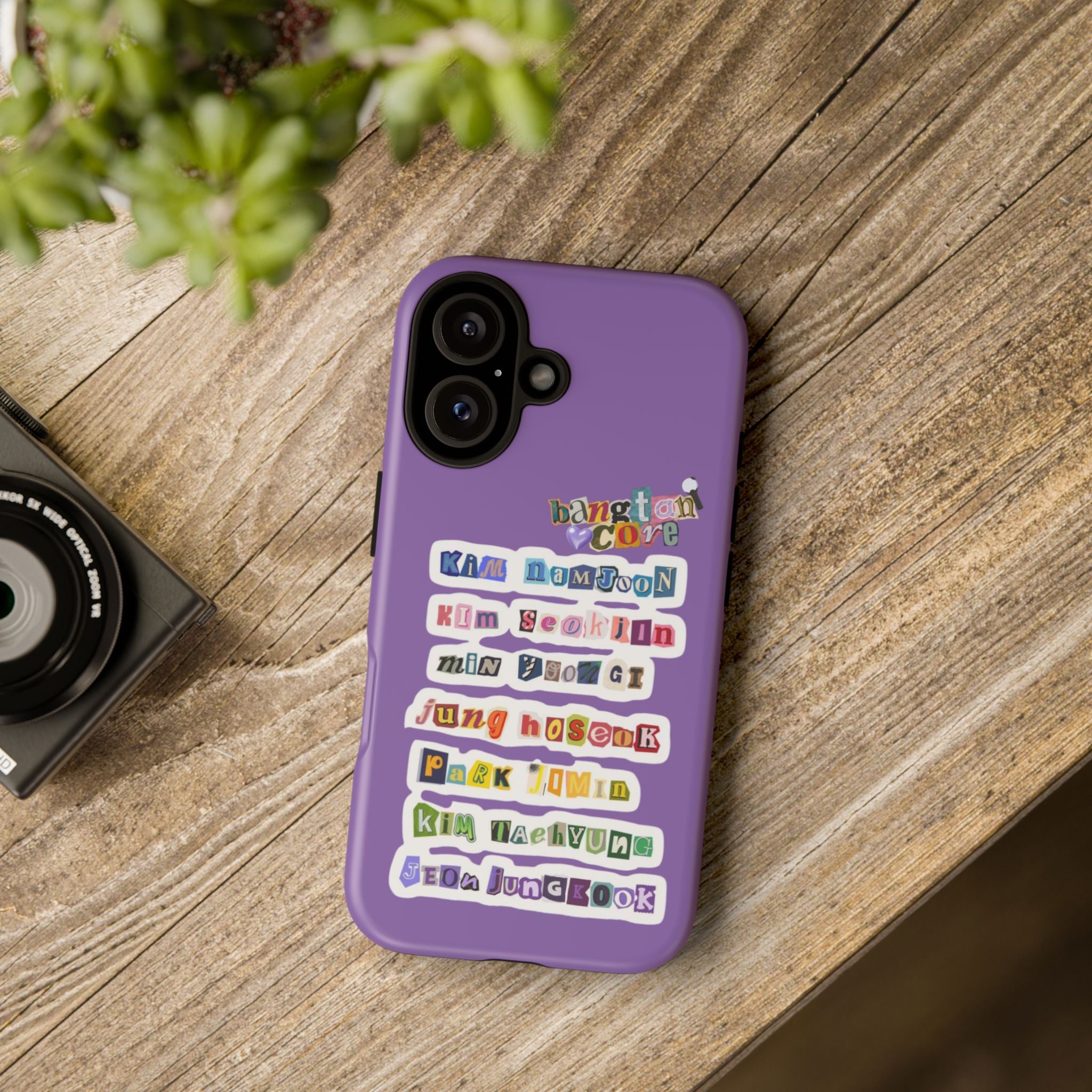 Printify BTS member names phone case featuring Jungkook, Jimin, and RM for iPhone 17, with a tough protective design.