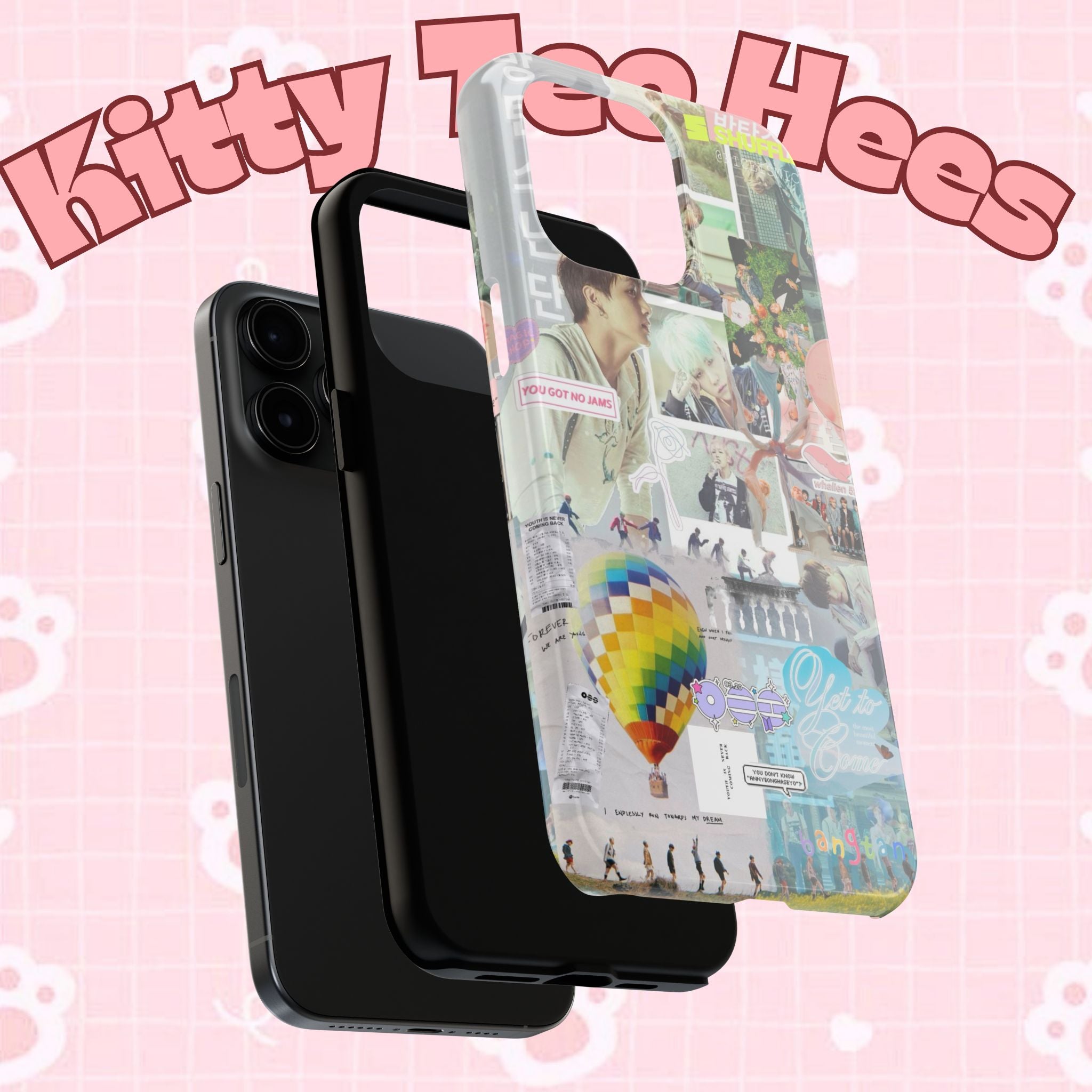 K-Pop BTS collage phone case for iPhone and Samsung with pastel hot air balloon design, featuring a vibrant photo collage and durable tough case.