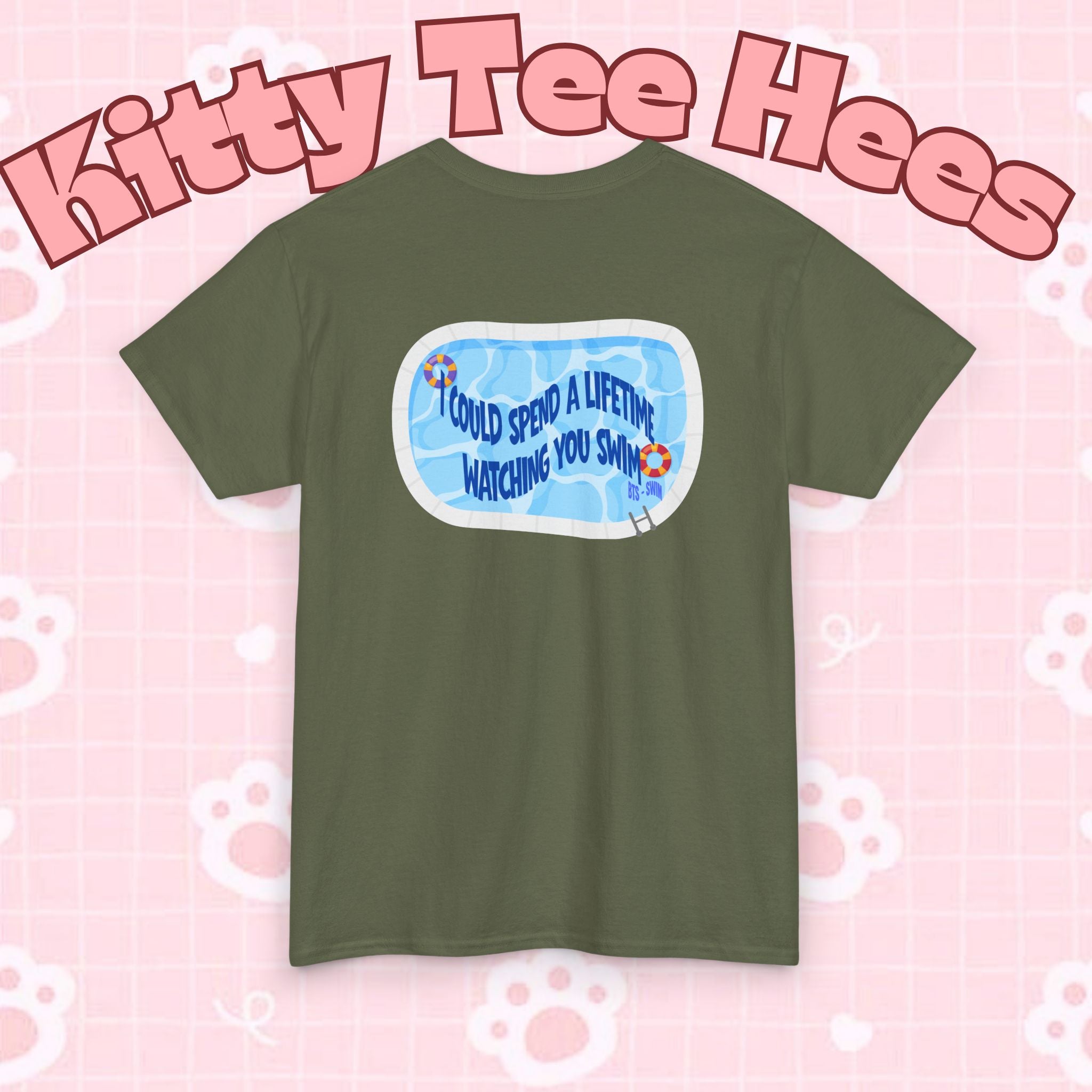 Printify BTS swim graphic T-shirt featuring a pool scene and "I could spend a lifetime watching you swim" design, casual BTS concert tee