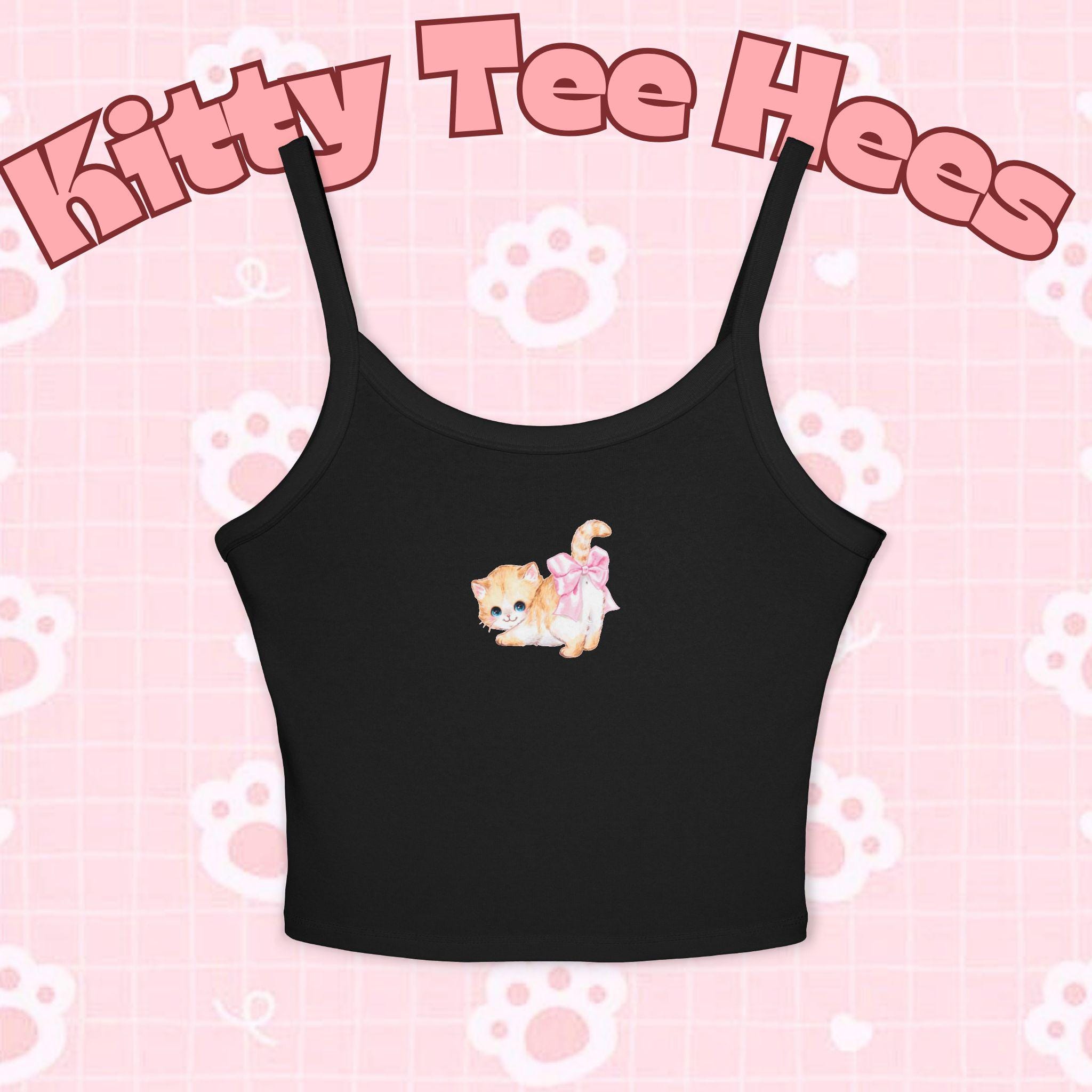 Cat Print Tank Top: Women's Combed Cotton Blend Spaghetti Strap Shirt - Kitty TeeHees