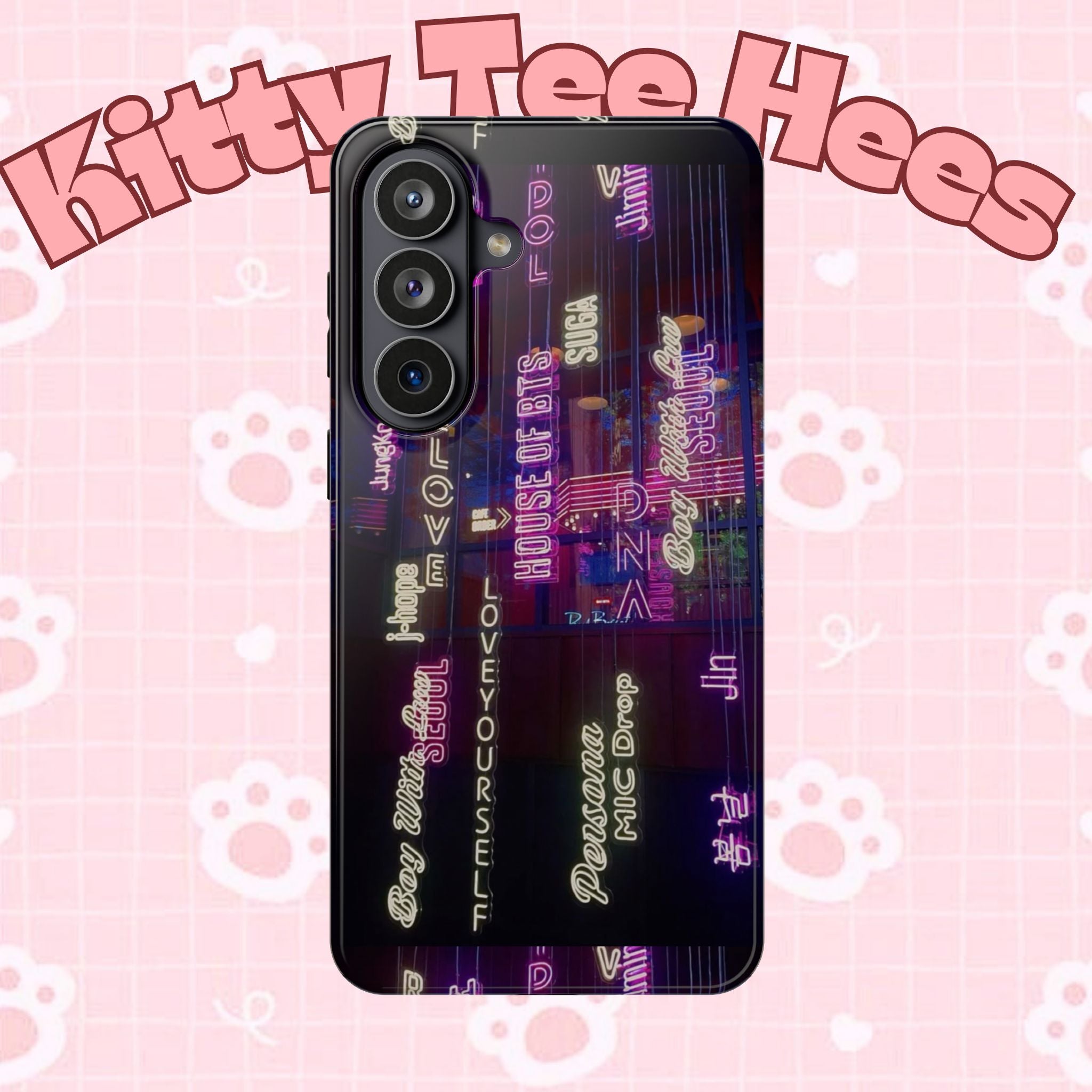 Neon Korean script print phone case for iPhone and Samsung featuring BTS logo and impact-resistant design by Printify.