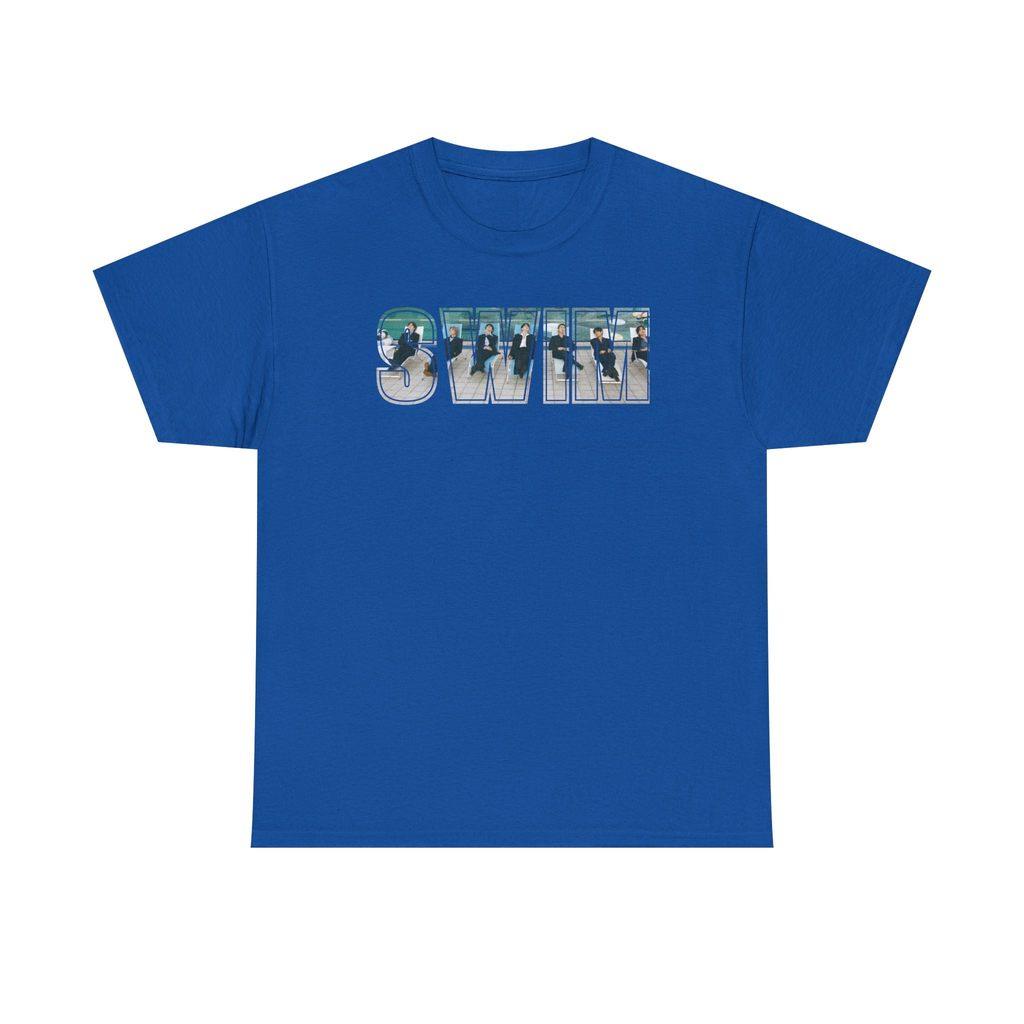 Printify BTS swim graphic T-shirt featuring a pool scene and "I could spend a lifetime watching you swim" text on the back.
