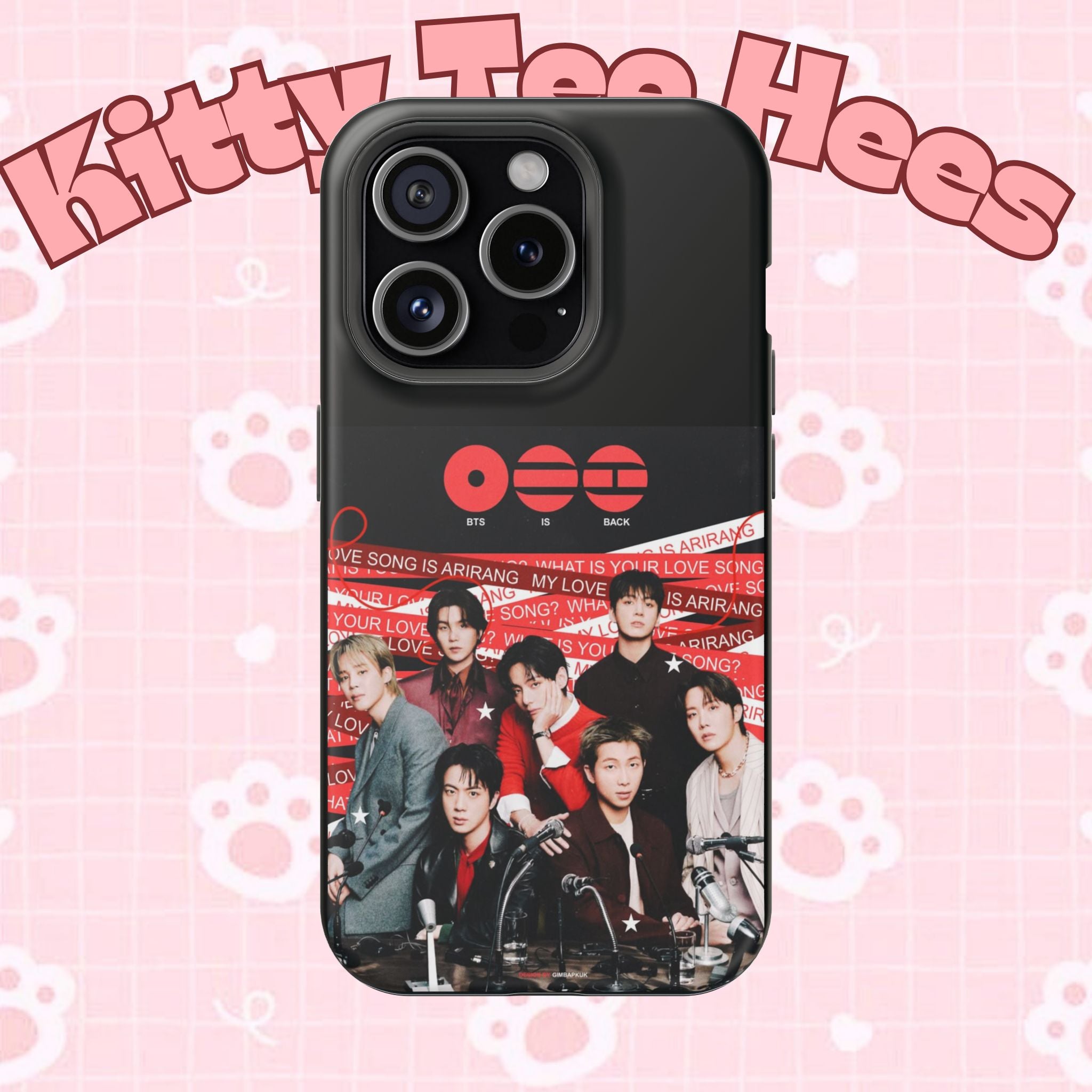 Impact-resistant BTS Arirang phone case with Bangtan concert design, featuring K-Pop band photo for phone protection.