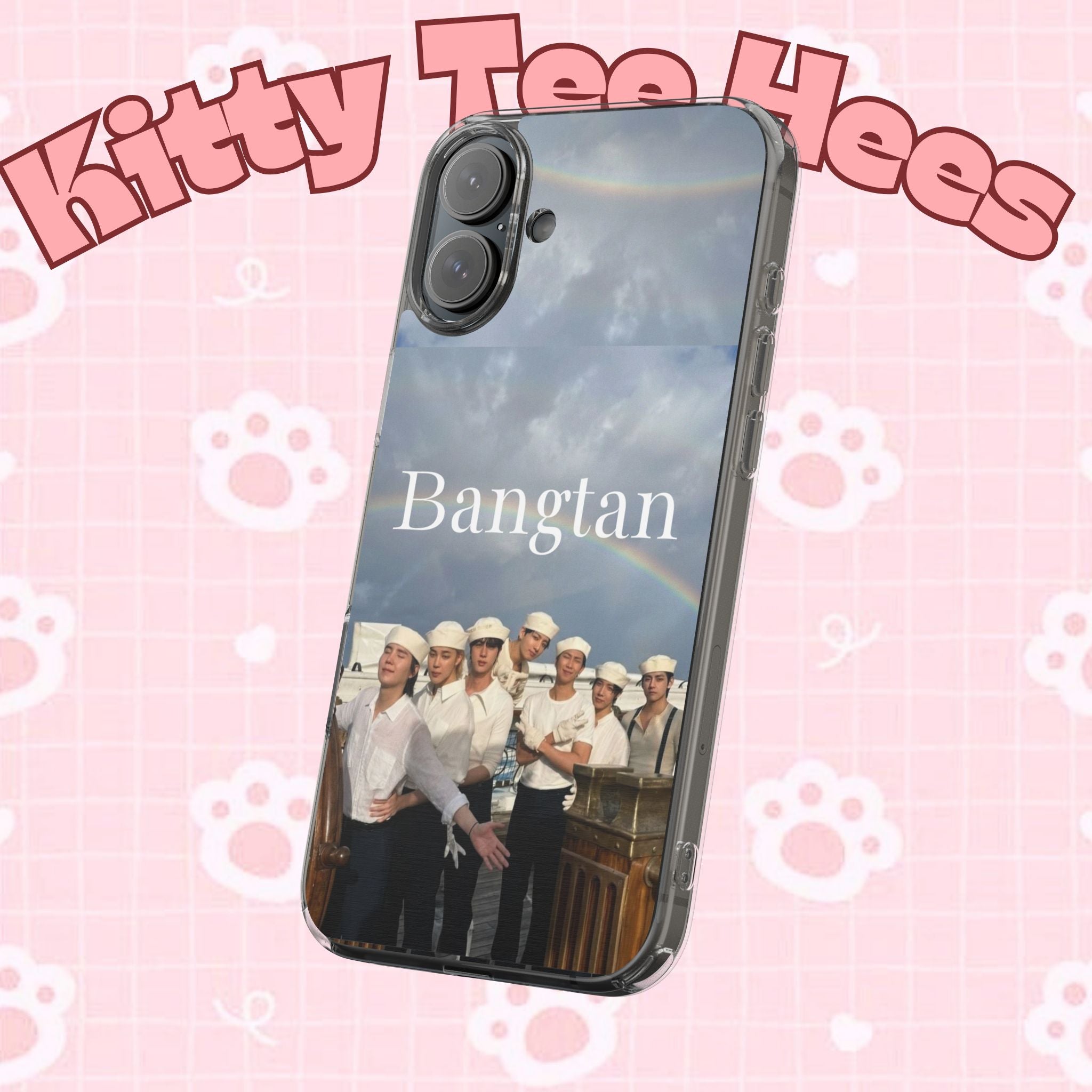 Clear impact-resistant Bangtan swim phone case featuring cute K-pop design for smartphones, by Printify.