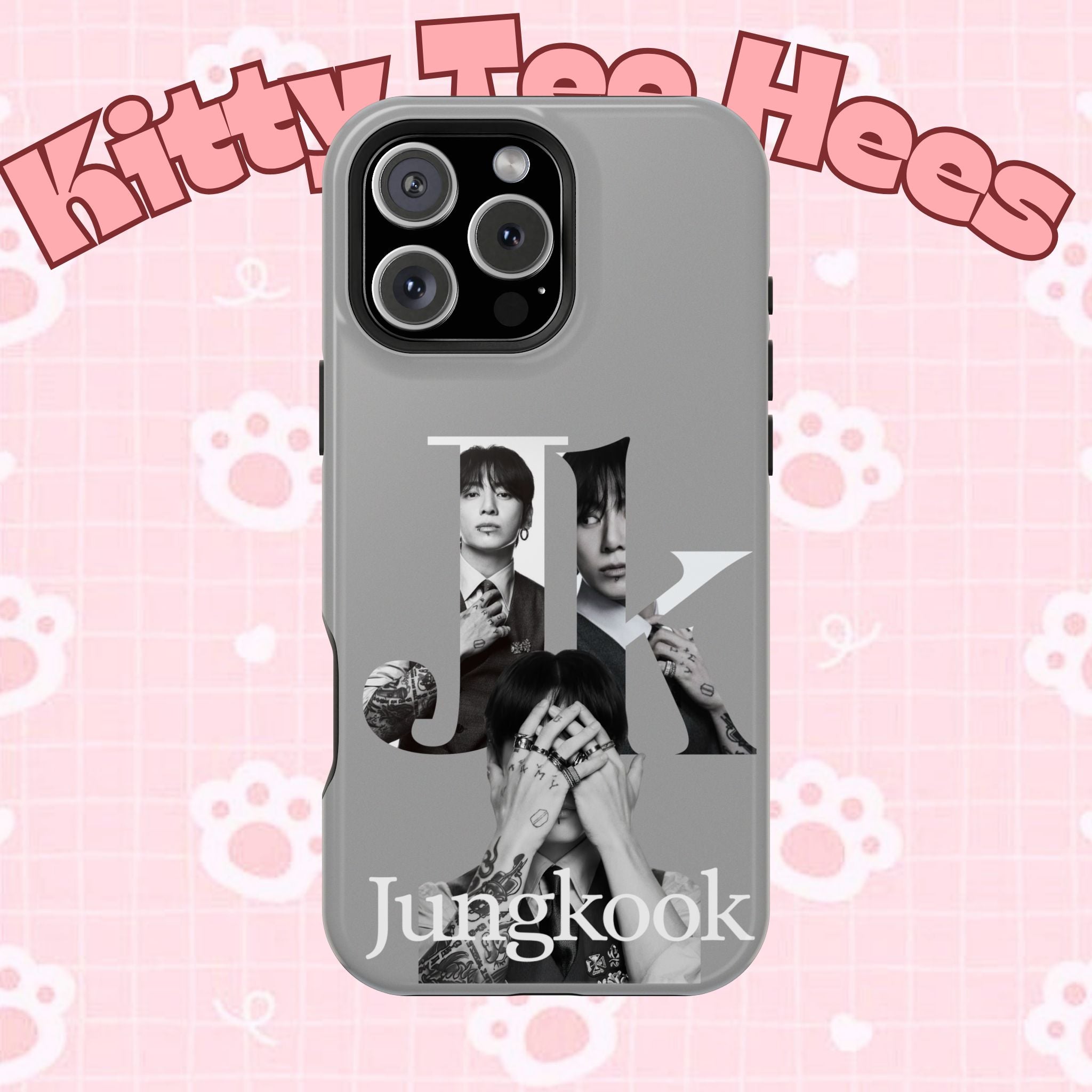 Monochrome BTS Jungkook phone case by Printify featuring impact-resistant design and letter motif for Samsung or iPhone models.