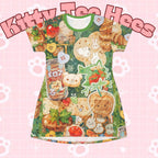 All-over print cat bread croissant cat toast T-shirt dress featuring cute kawaii cat design, ideal for cat lovers and cat moms.