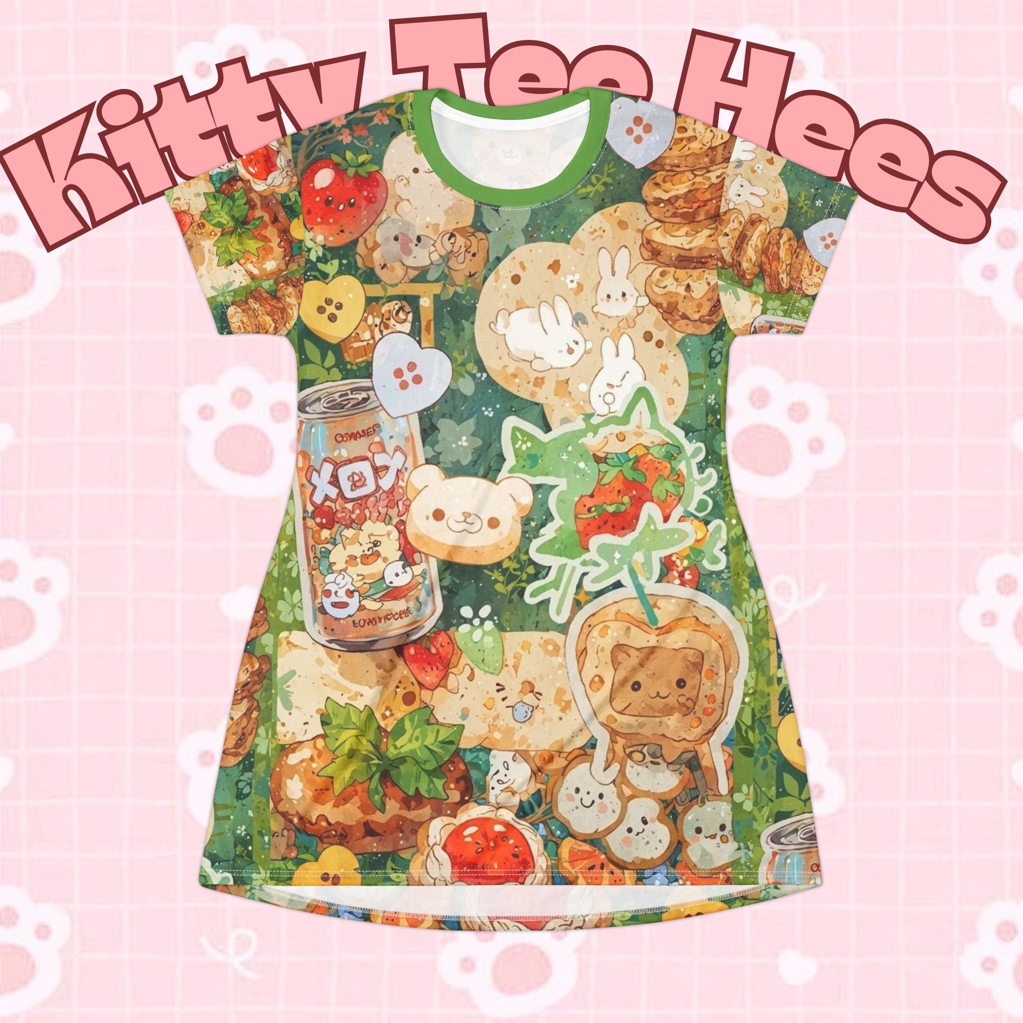 All-over print cat bread croissant cat toast T-shirt dress featuring cute kawaii cat design, ideal for cat lovers and cat moms.