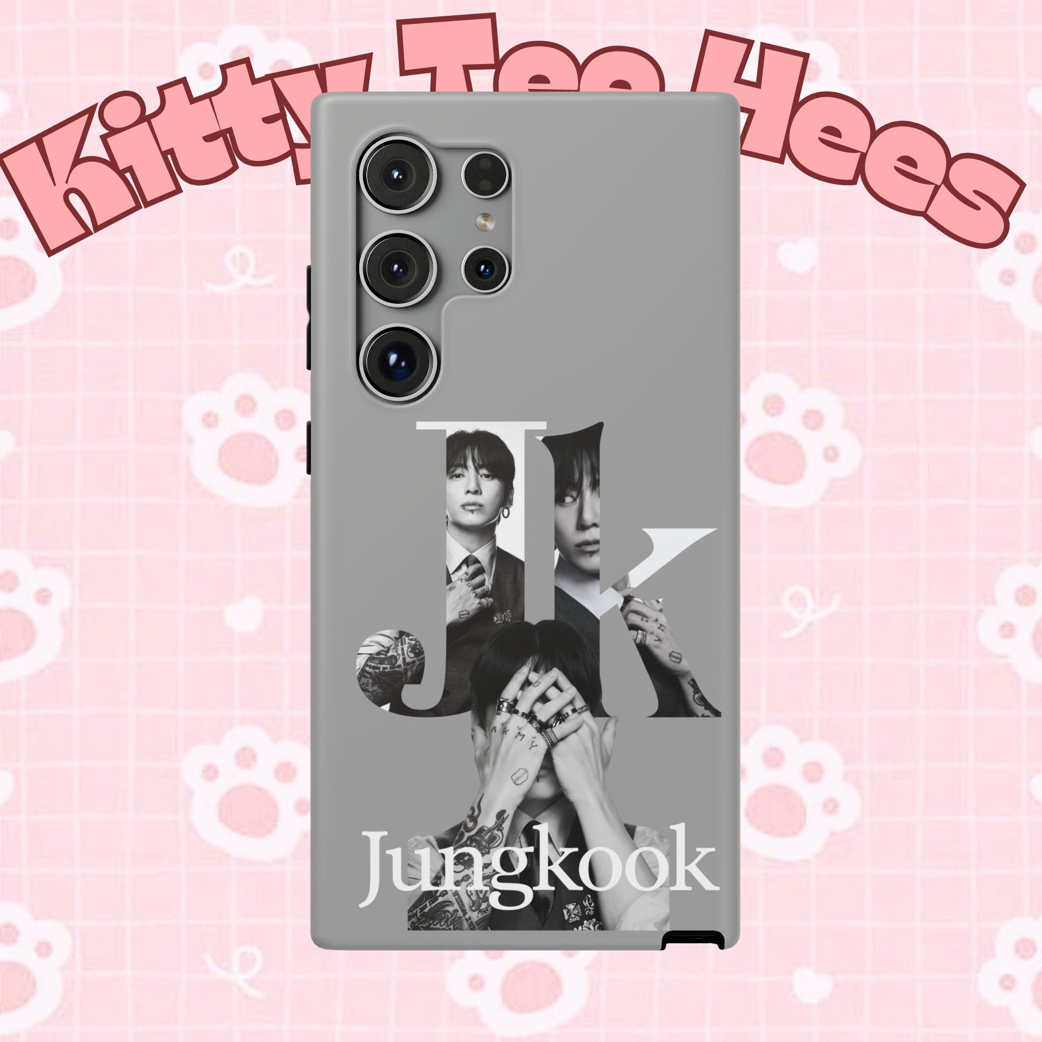 Black monochrome Jungkook phone case by Printify, impact-resistant design featuring BTS Jungkook letter graphic on a sleek background.