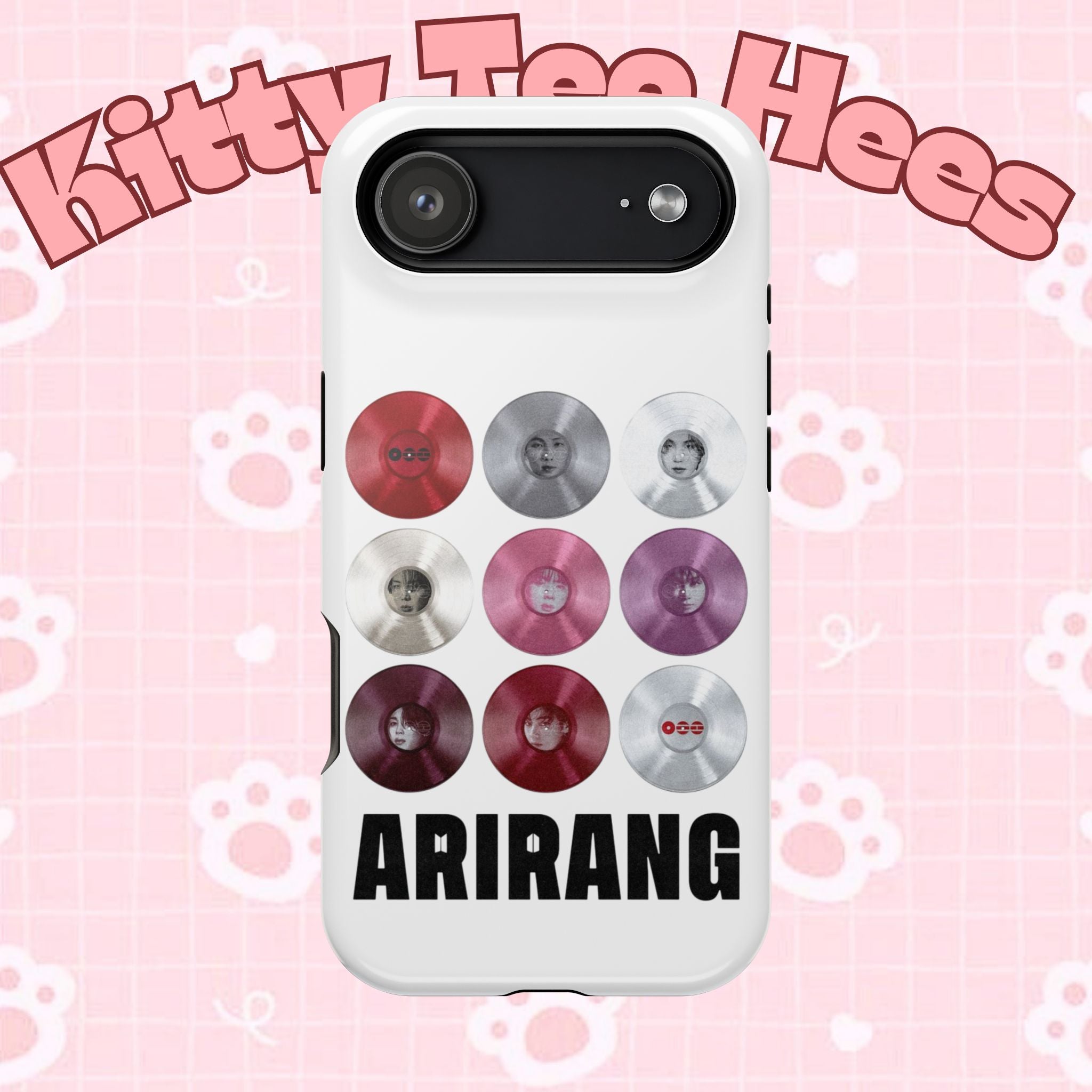 Printify BTS Arirang vinyl record grid phone case showing a colorful design, impact-resistant material, and BTS fan merch style.
