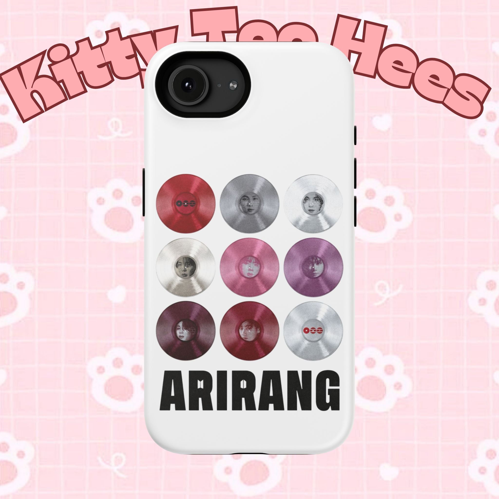 Printify Bangtan Arirang BTS vinyl record grid phone case with impact-resistant design, featuring fan merch artwork and cool BTS branding.