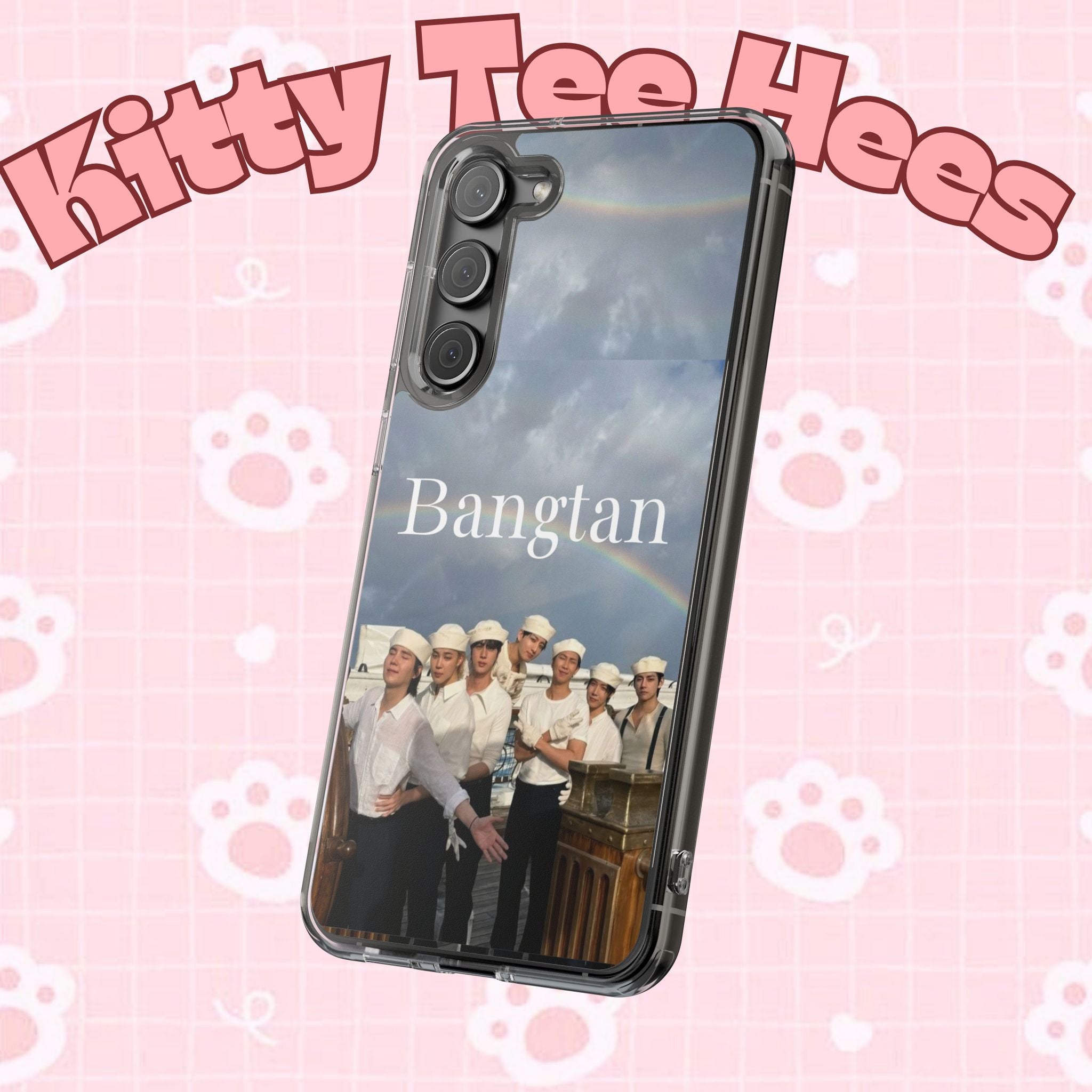 Clear impact-resistant phone case with Bangtan K-pop design, featuring cute graphics on a Printify phone accessory.