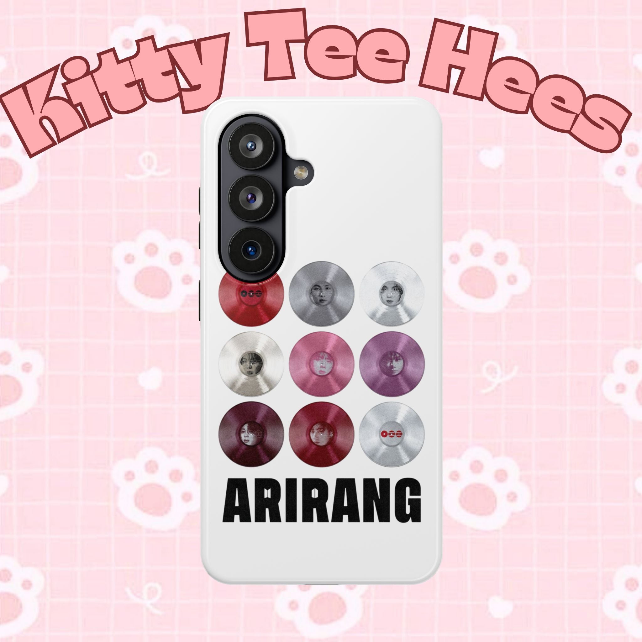 Printify BTS Arirang vinyl record phone case featuring impact-resistant design and BTS fan merch artwork for fans.