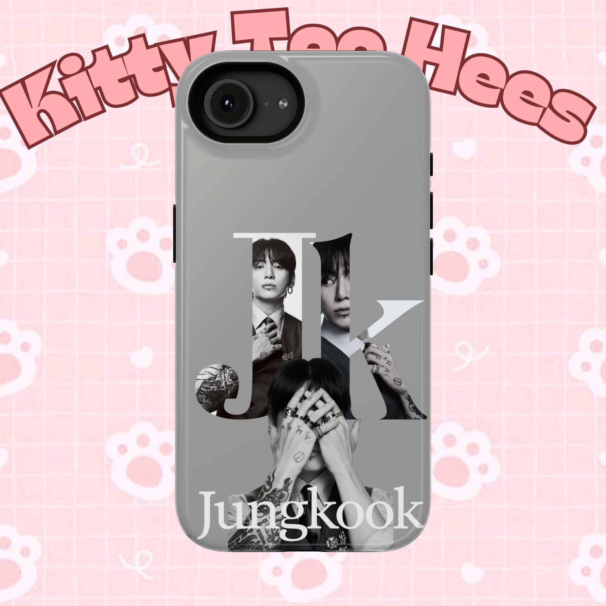 Monochrome BTS Jungkook phone case with letter design, impact-resistant printify brand protective cover for smartphones.