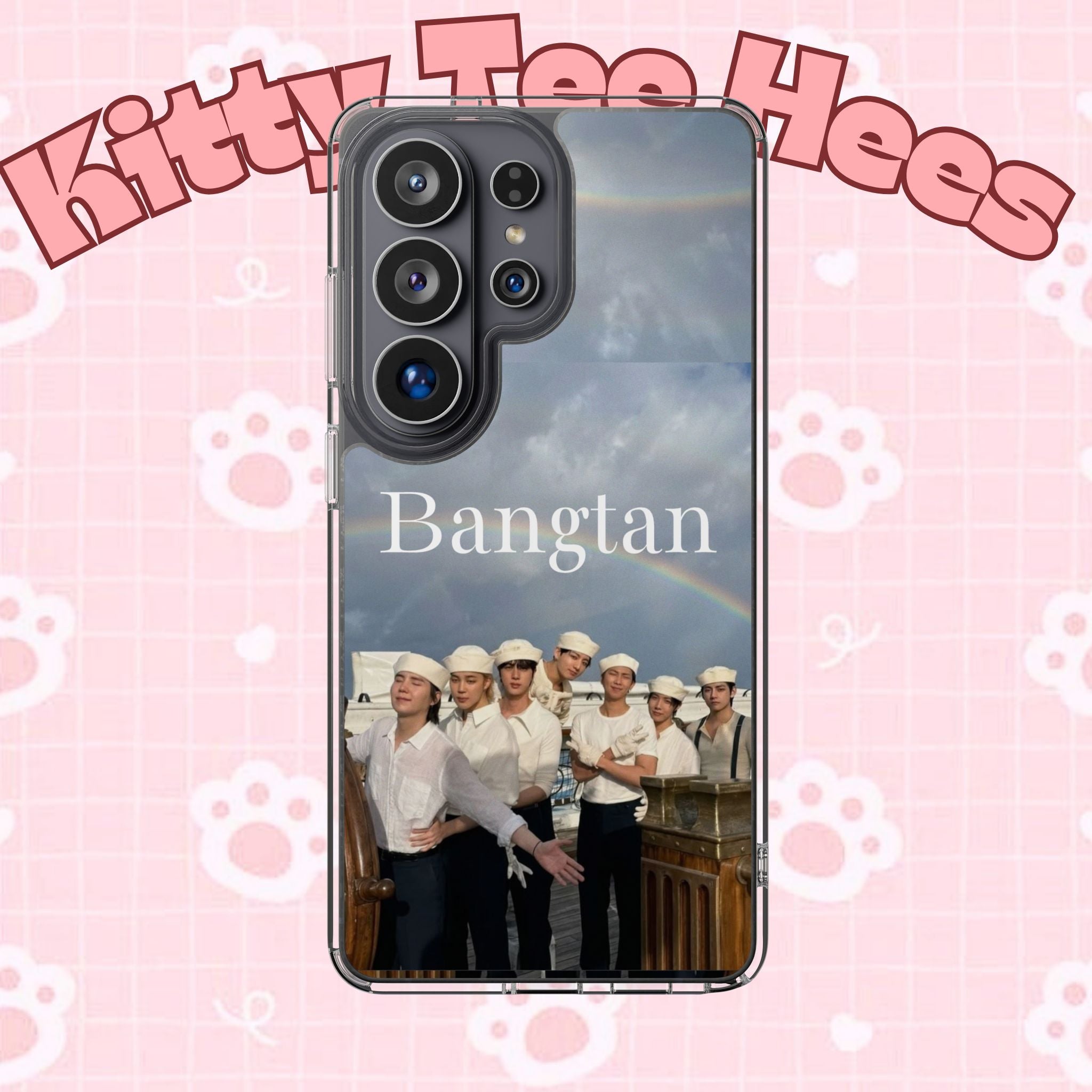 Clear impact-resistant phone case featuring cute Bangtan Boys K-pop design for a smartphone.