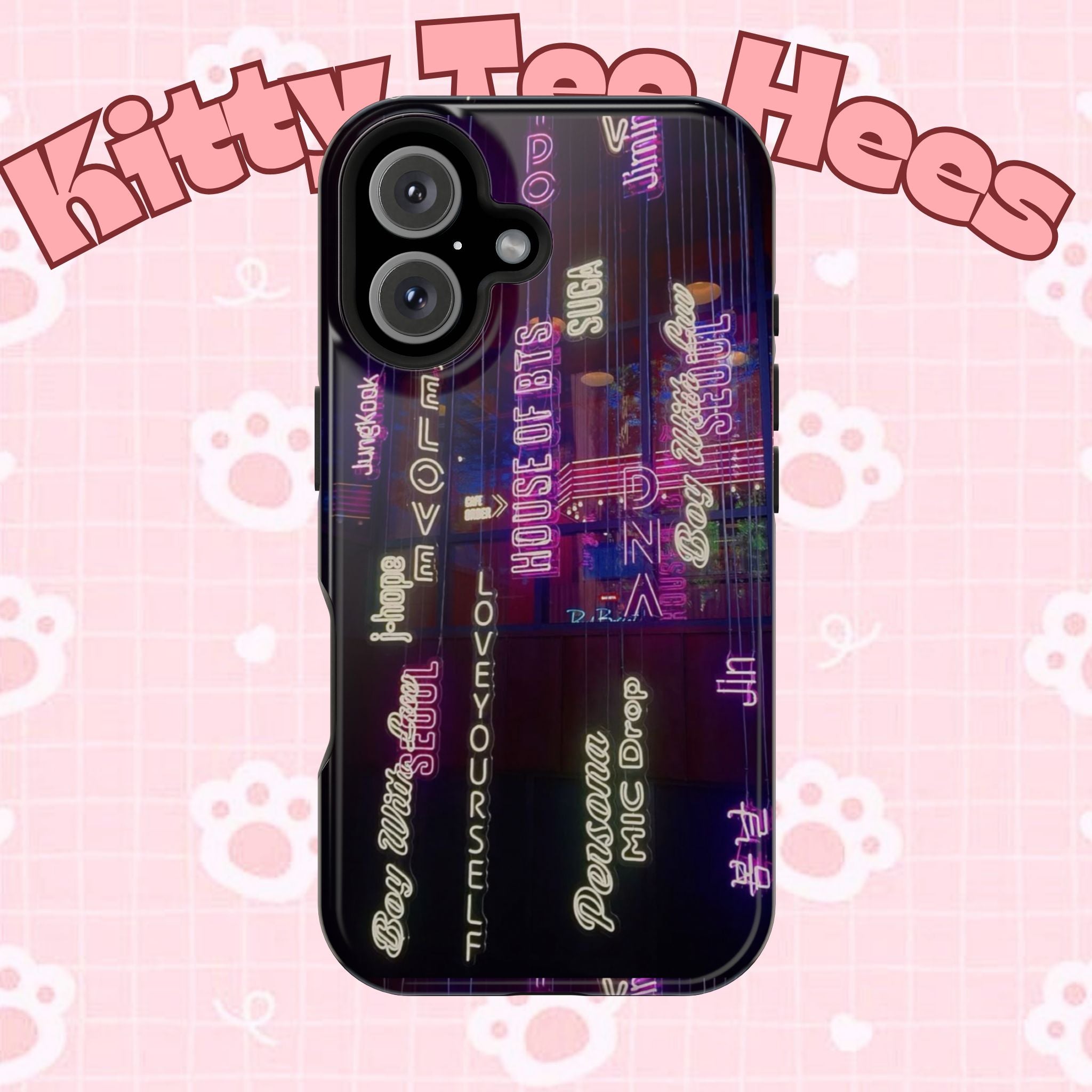 Neon Korean Script BTS phone case for iPhone and Samsung, impact-resistant design with Bangtan Sonyeondan branding.