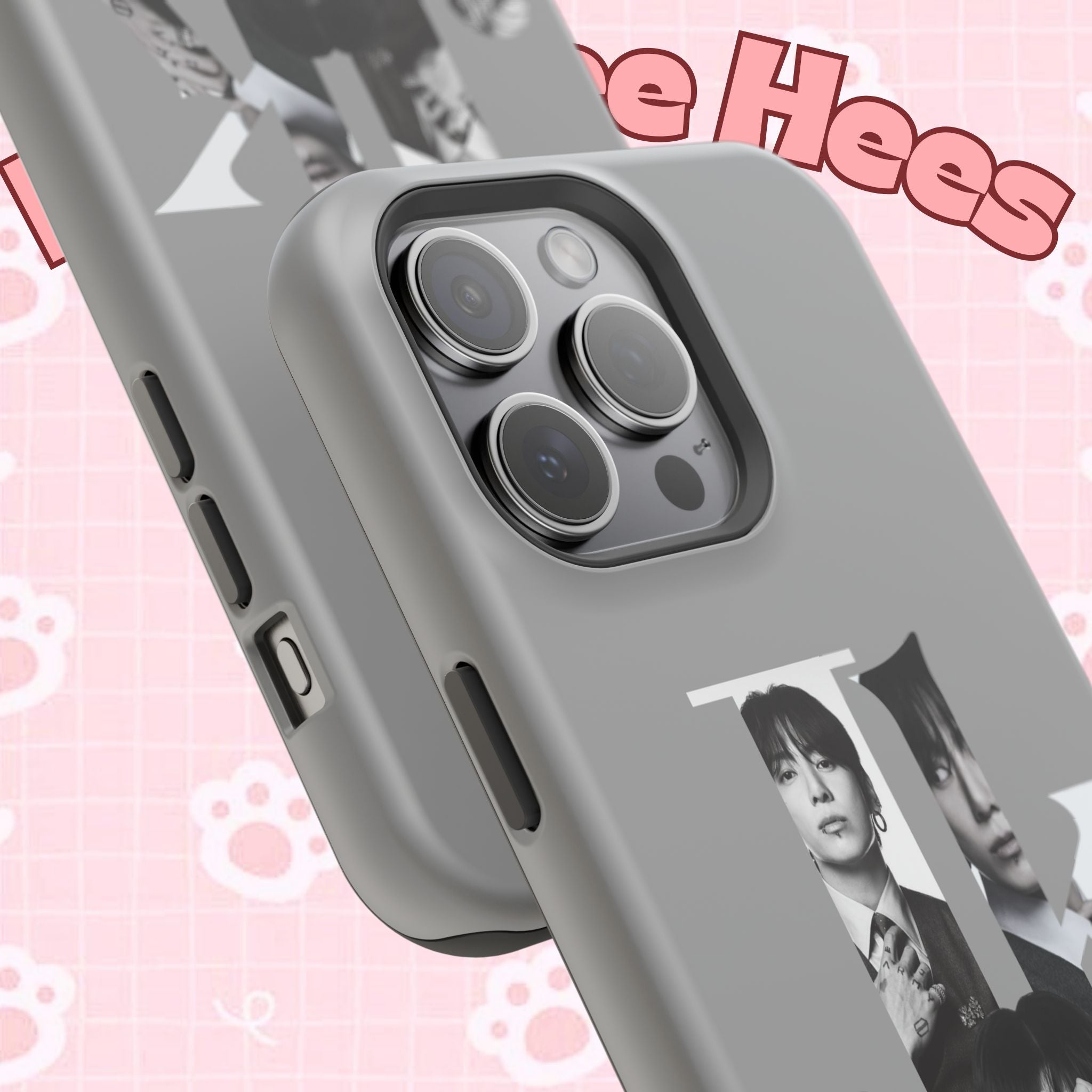 Monochrome BTS Jungkook phone case by Printify, impact-resistant design featuring a sleek letter-themed style.