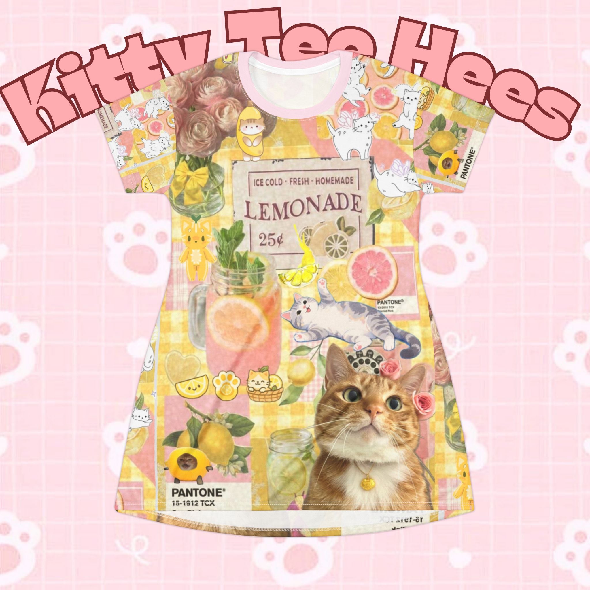Pink lemonade kitty dress with all-over print featuring cute cat designs, comfy casual style by Printify.