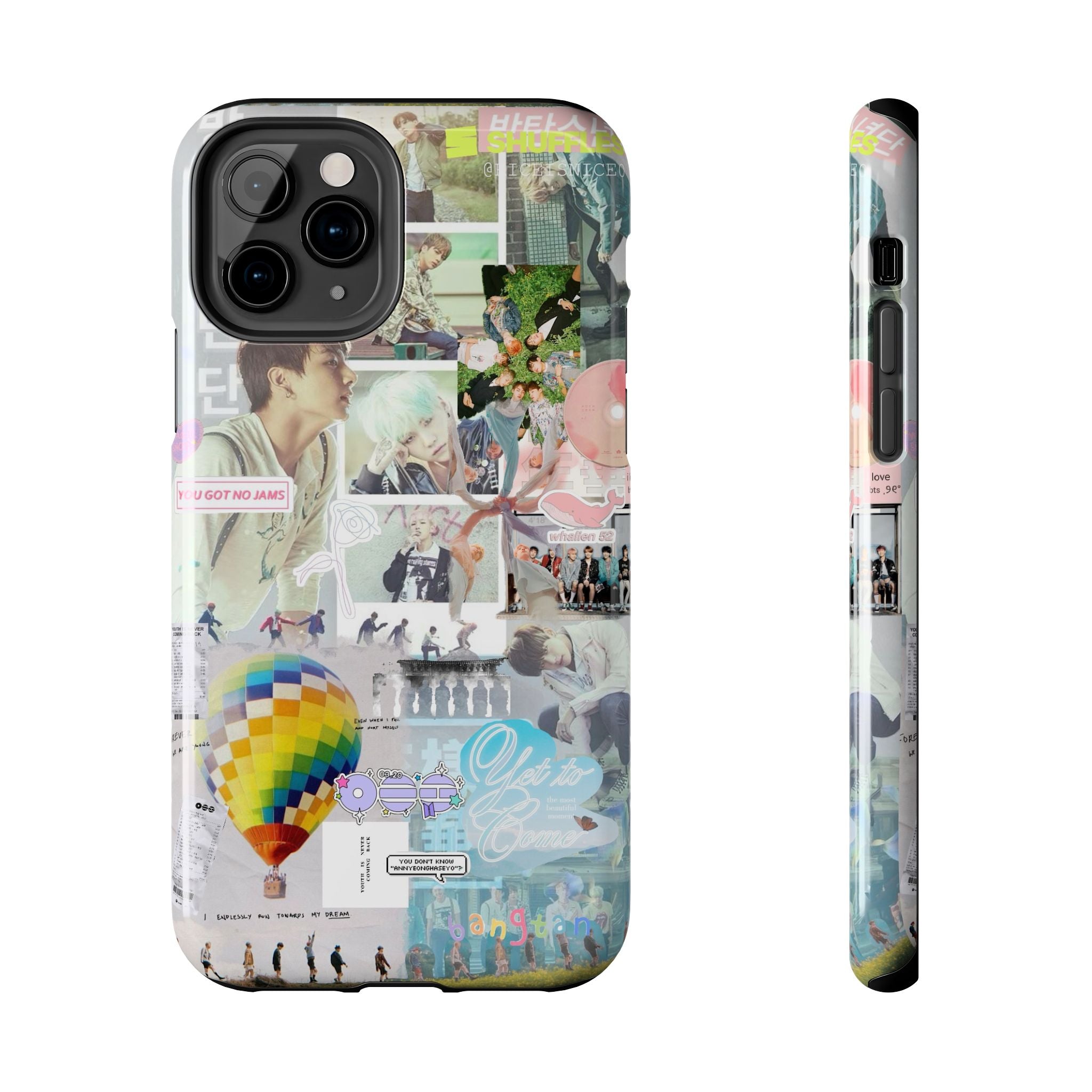 Pastel BTS collage phone case with hot air balloon and K-Pop photo collage design for iPhone and Samsung models.