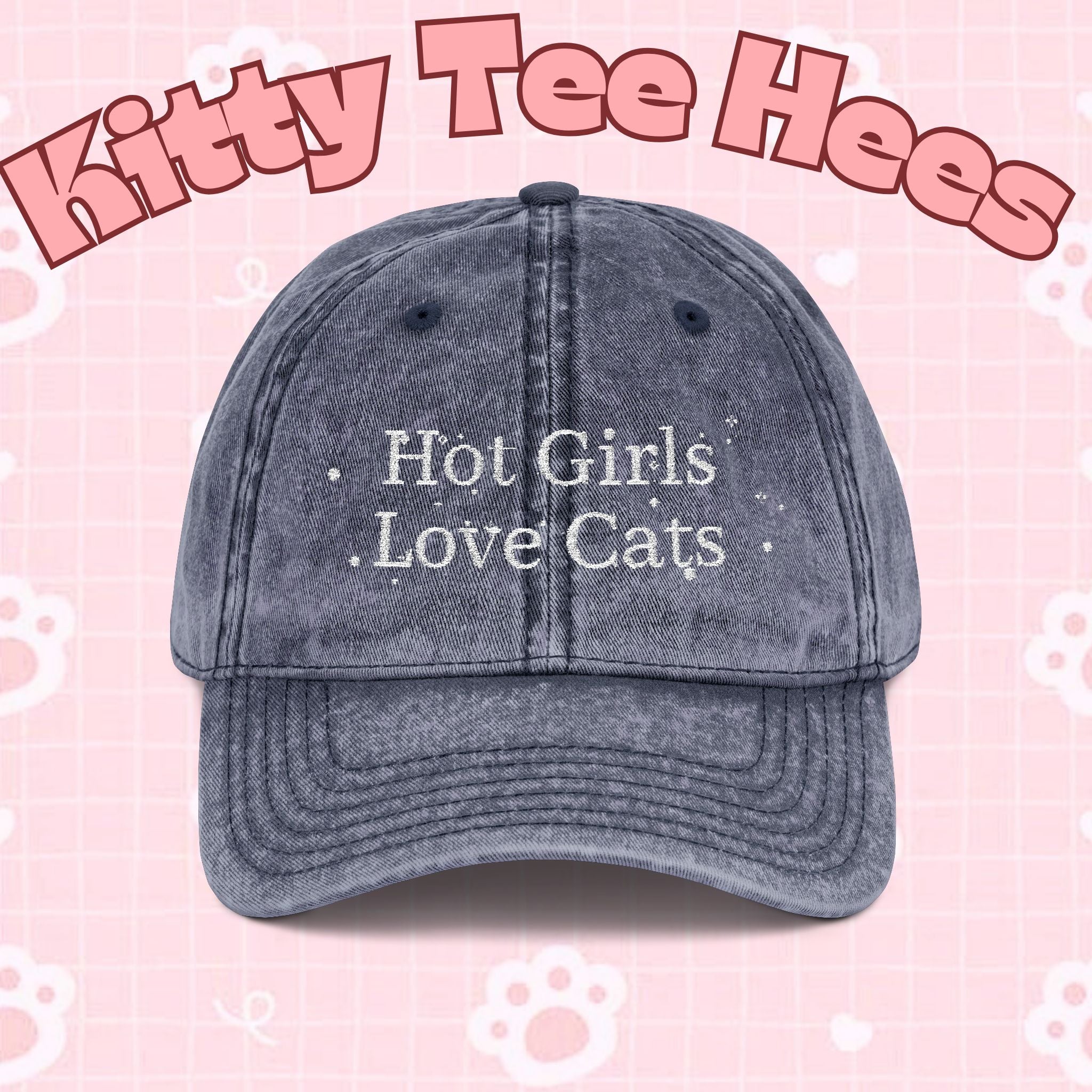 Vintage style embroidered hat featuring "Hot Girls Love Cats" design, casual wear accessory by Printify.