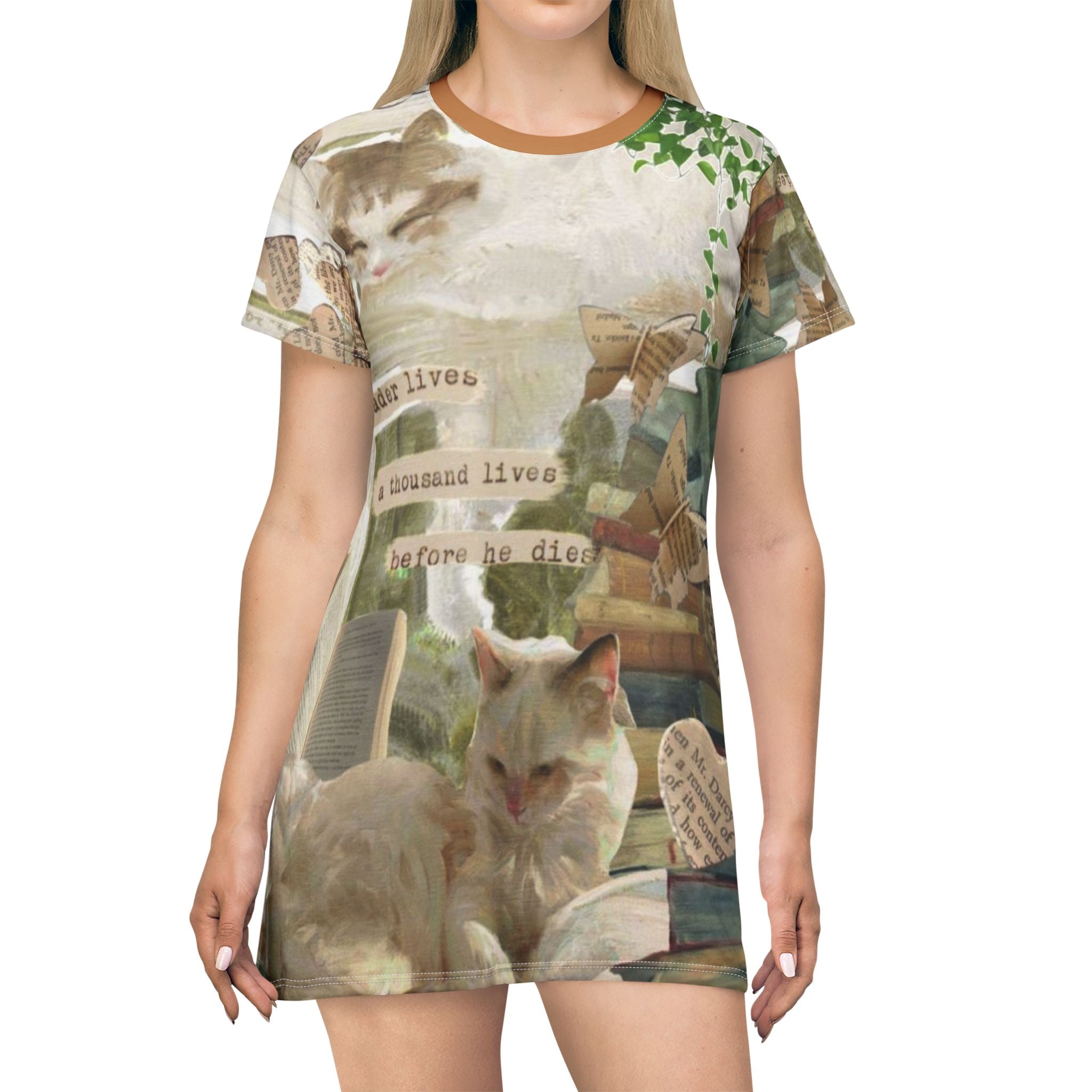 All-over print cat-themed bookish fashion shirt by Printify featuring cozy literary design, perfect for cat lovers and summer wear