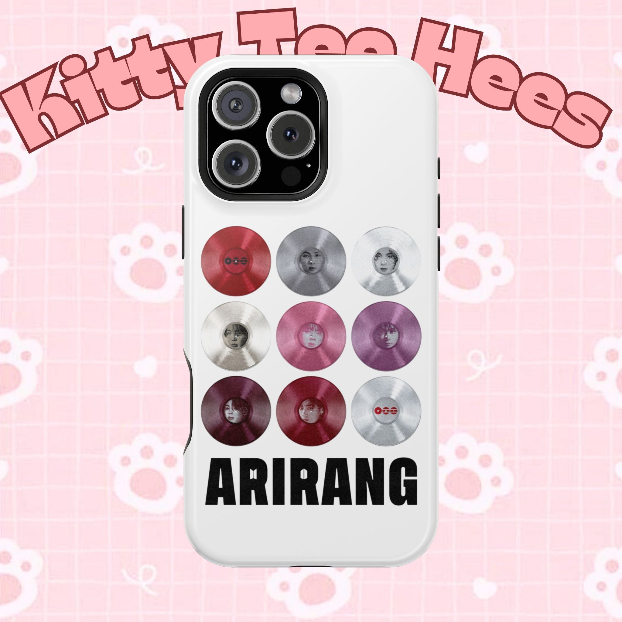 Printify BTS Arirang vinyl record grid phone case featuring impact-resistant design and cool BTS Arirang fan merch style.