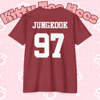 Custom BTS T-shirt featuring Jungkook, Jimin, V, J-Hope, RM, Suga, Jin, K-pop concert design by Printify.