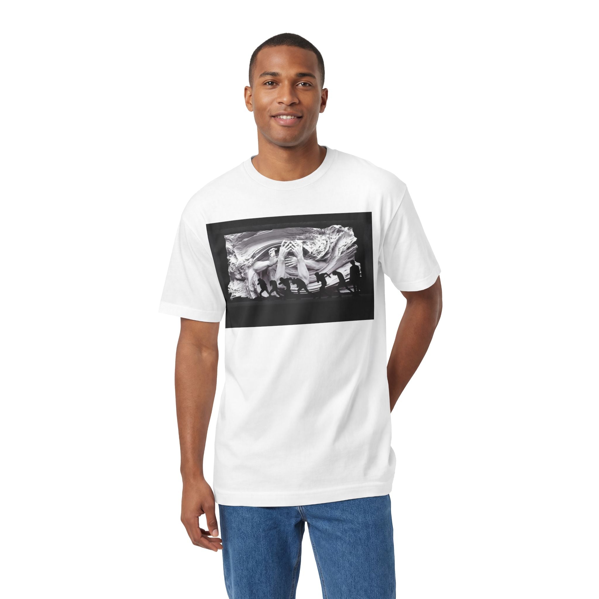 Black and white BTS graphic T-shirt featuring Blood Sweat & Tears photo print, inspired by K-Pop group BTS, by Printify.