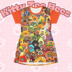 All-over print Foodie T-Shirt Dress featuring a fun meme cat collage, perfect casual wear for animal lovers.