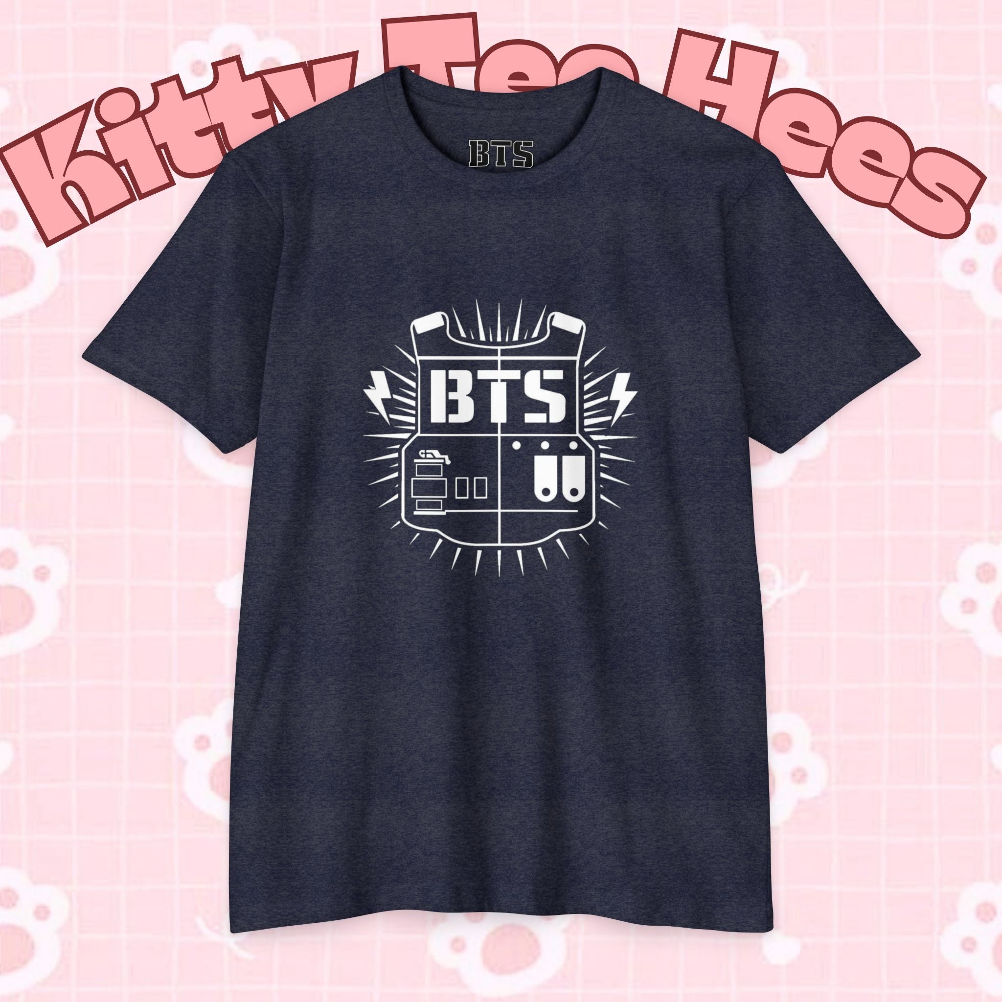 Custom BTS T-shirt featuring members Jungkook, Jimin, V, J-Hope, RM, Suga, and Jin, ideal for K-pop concert fans.