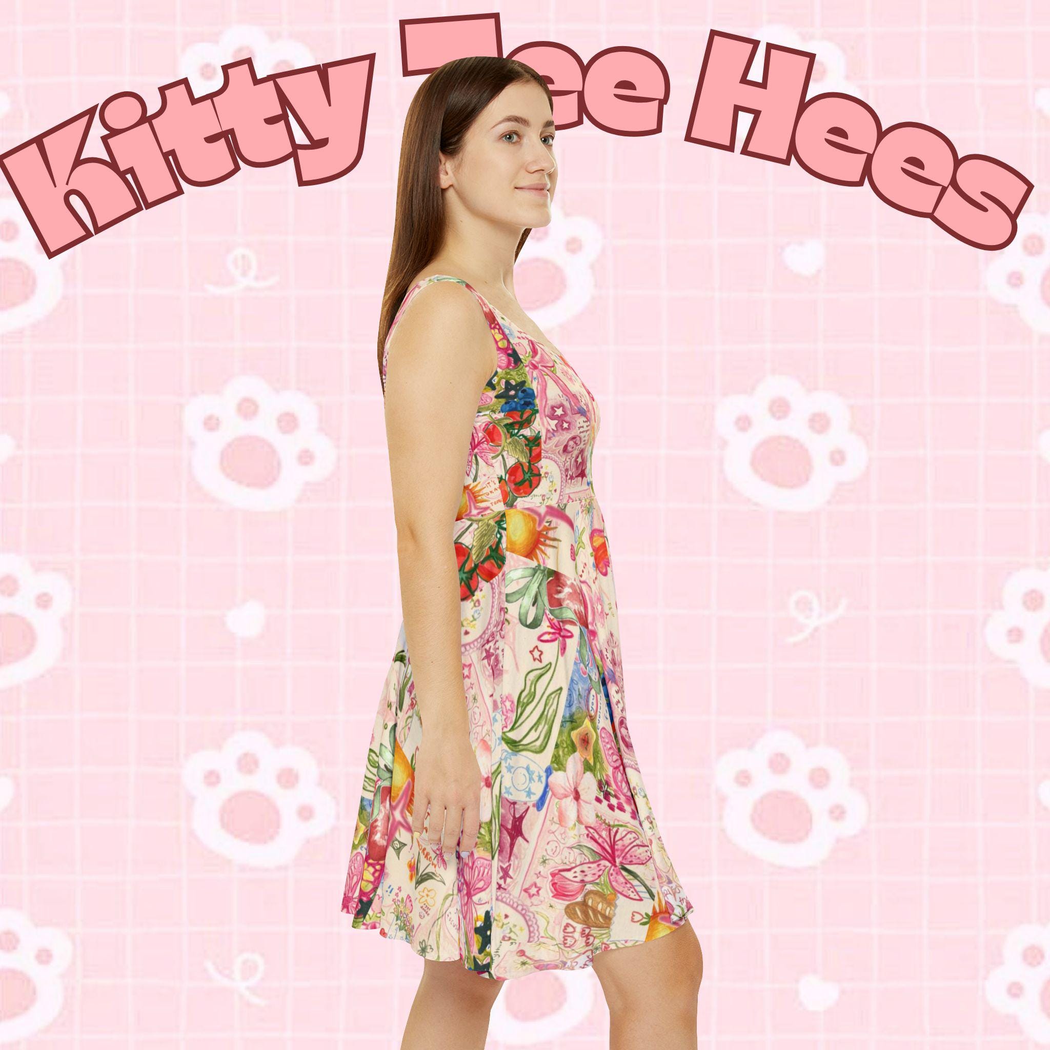Pastel Floral Cat Skater Dress, Women's Party Outfit - Kitty TeeHees