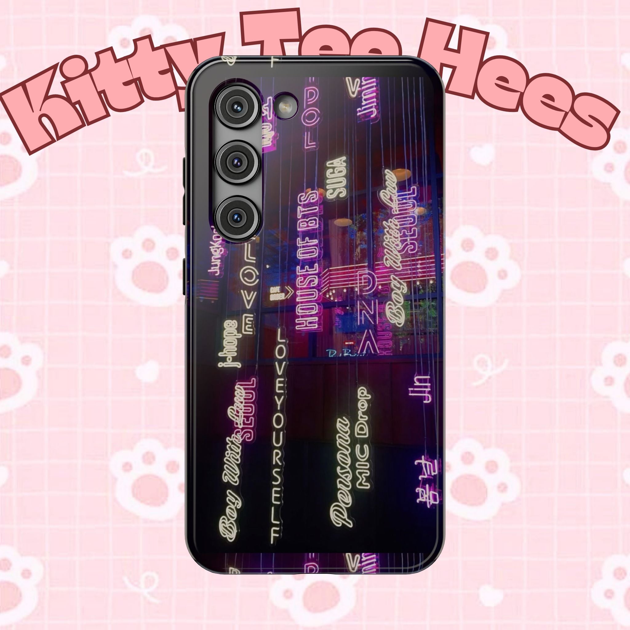 Neon Korean script BTS phone case for iPhone and Samsung, impact-resistant Printify case with bold Korean lettering design.