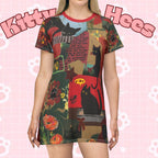 Casual cat print T-shirt dress by Printify featuring playful guitar and cat designs, perfect for cat lovers.