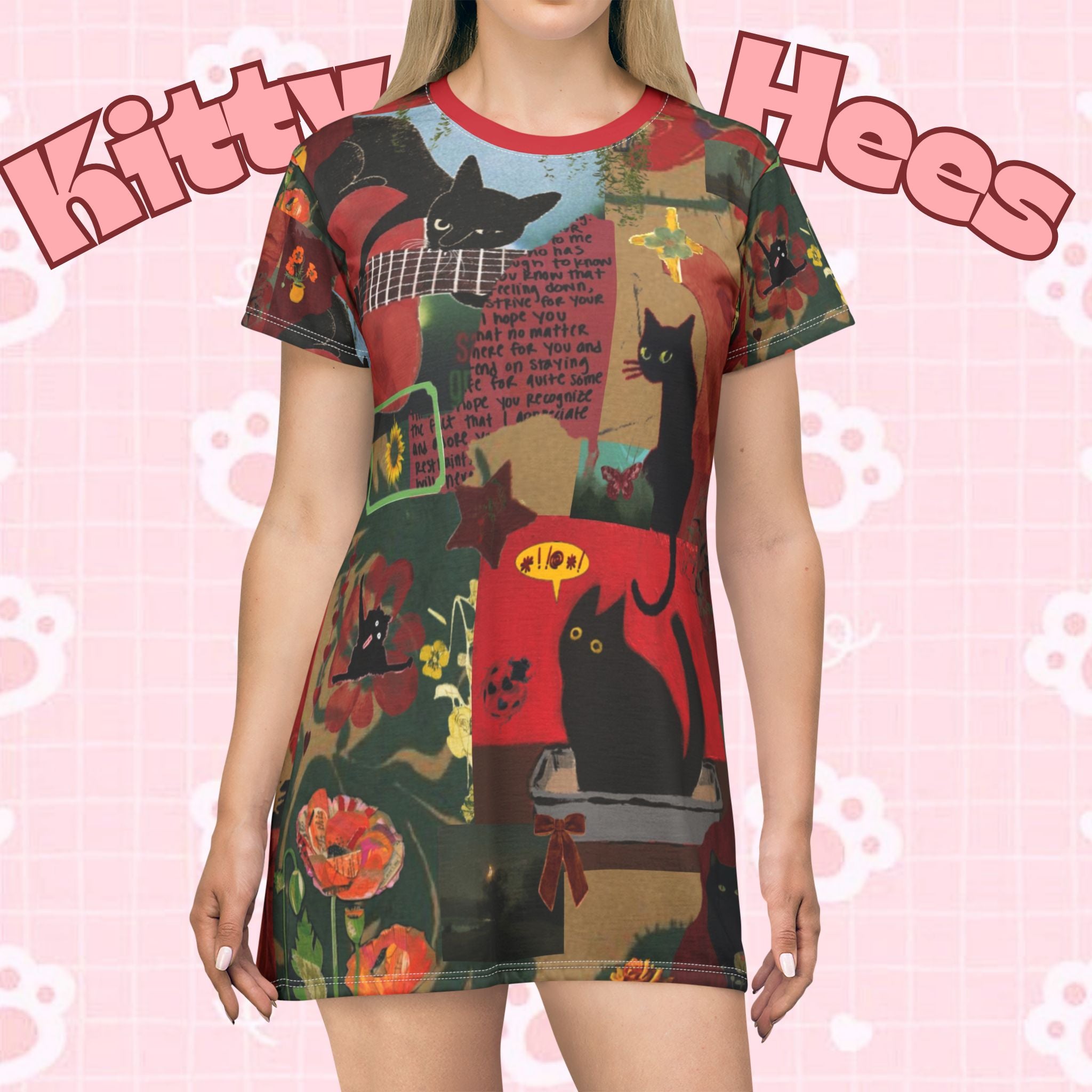 Casual cat print T-shirt dress by Printify featuring playful guitar and cat designs, perfect for cat lovers.